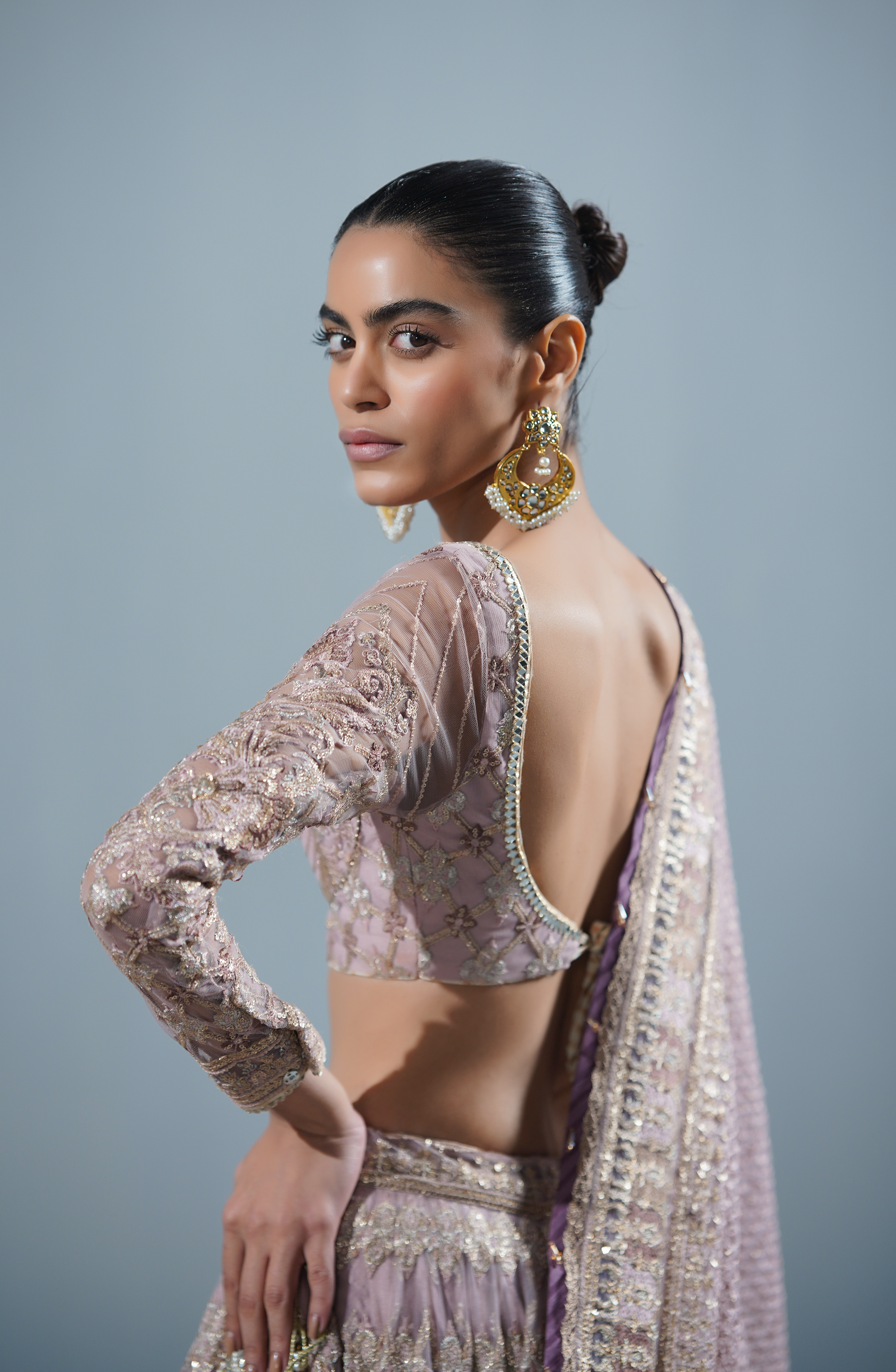 Pakistani Lavender Embroidered Net & Silk Lehenga Choli (3-Piece) - Image 7