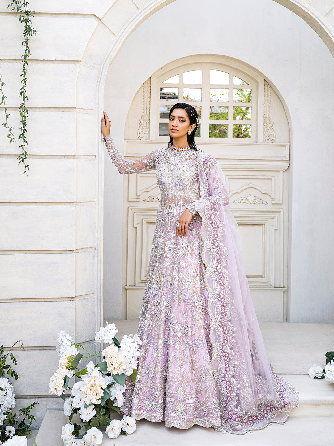 Pakistani Lilac Embellished Net Bridal Lehenga (3-Piece) - Image 1