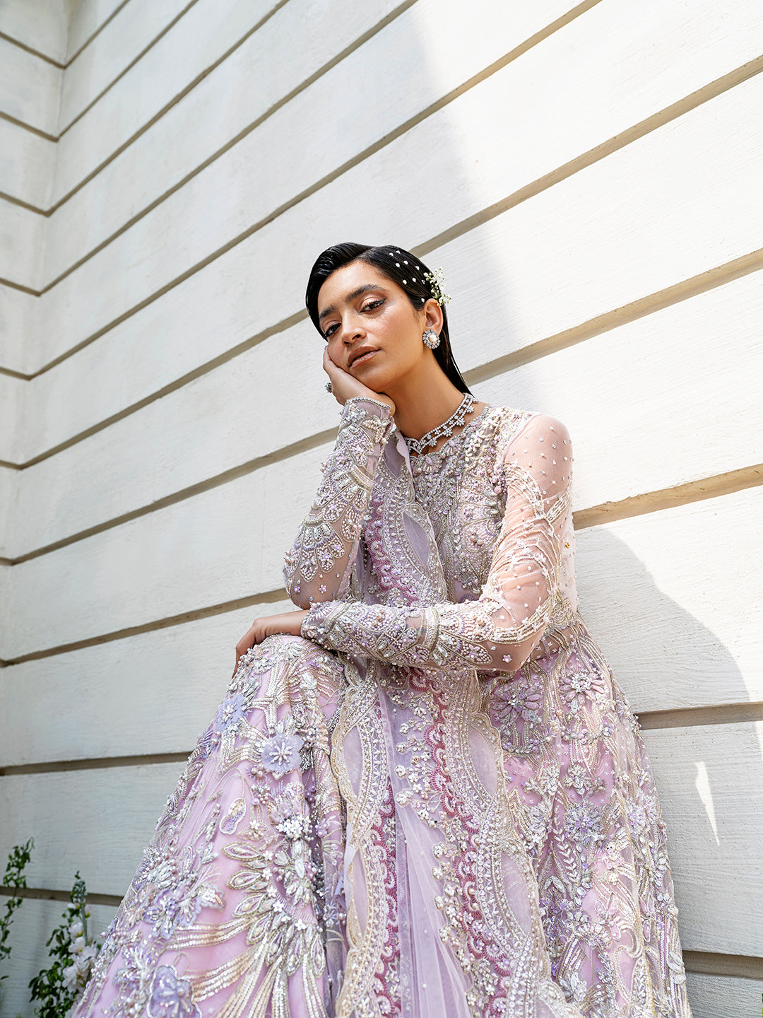 Pakistani Lilac Embellished Net Bridal Lehenga (3-Piece) - Image 2