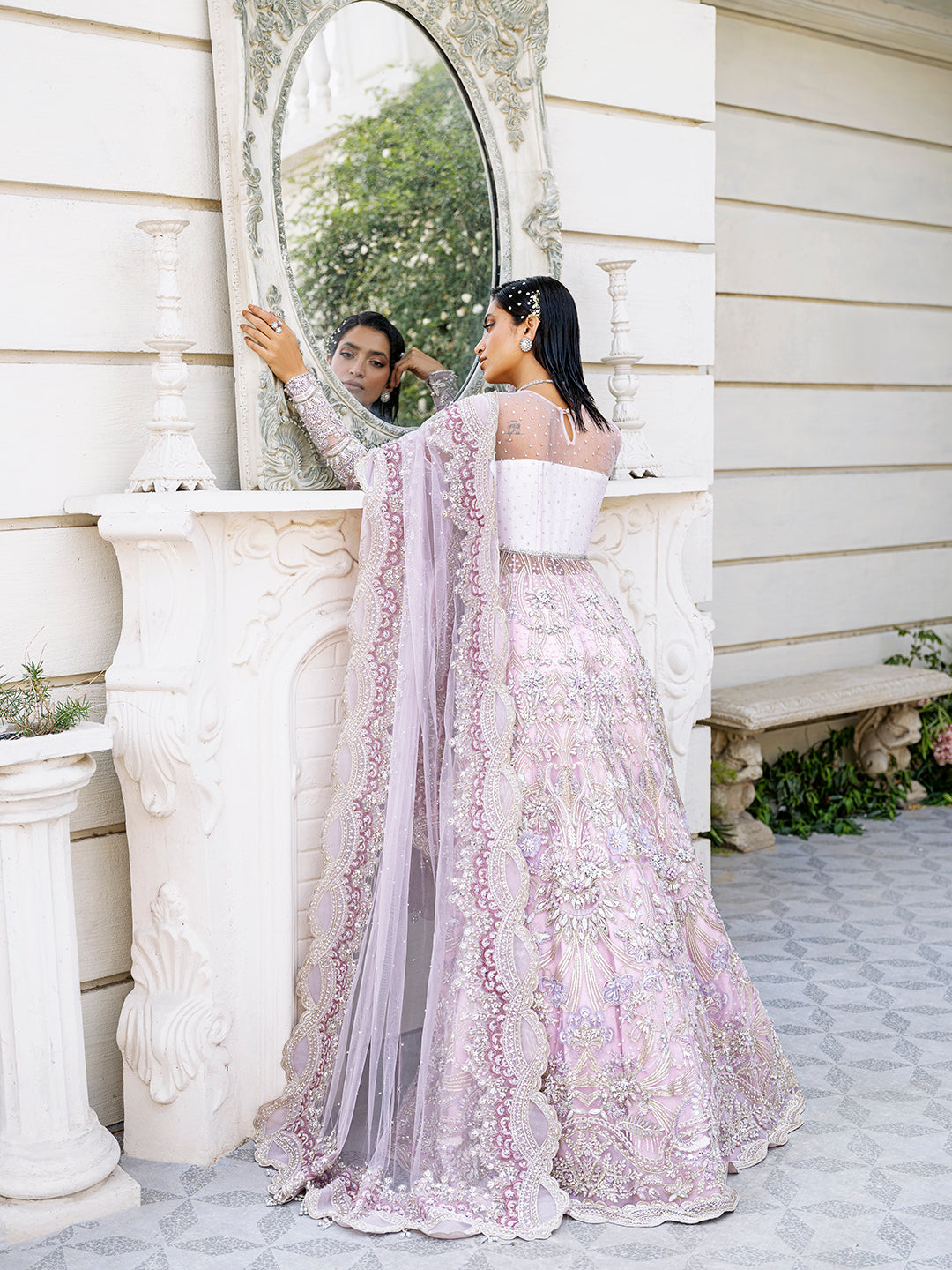 Pakistani Lilac Embellished Net Bridal Lehenga (3-Piece) - Image 4