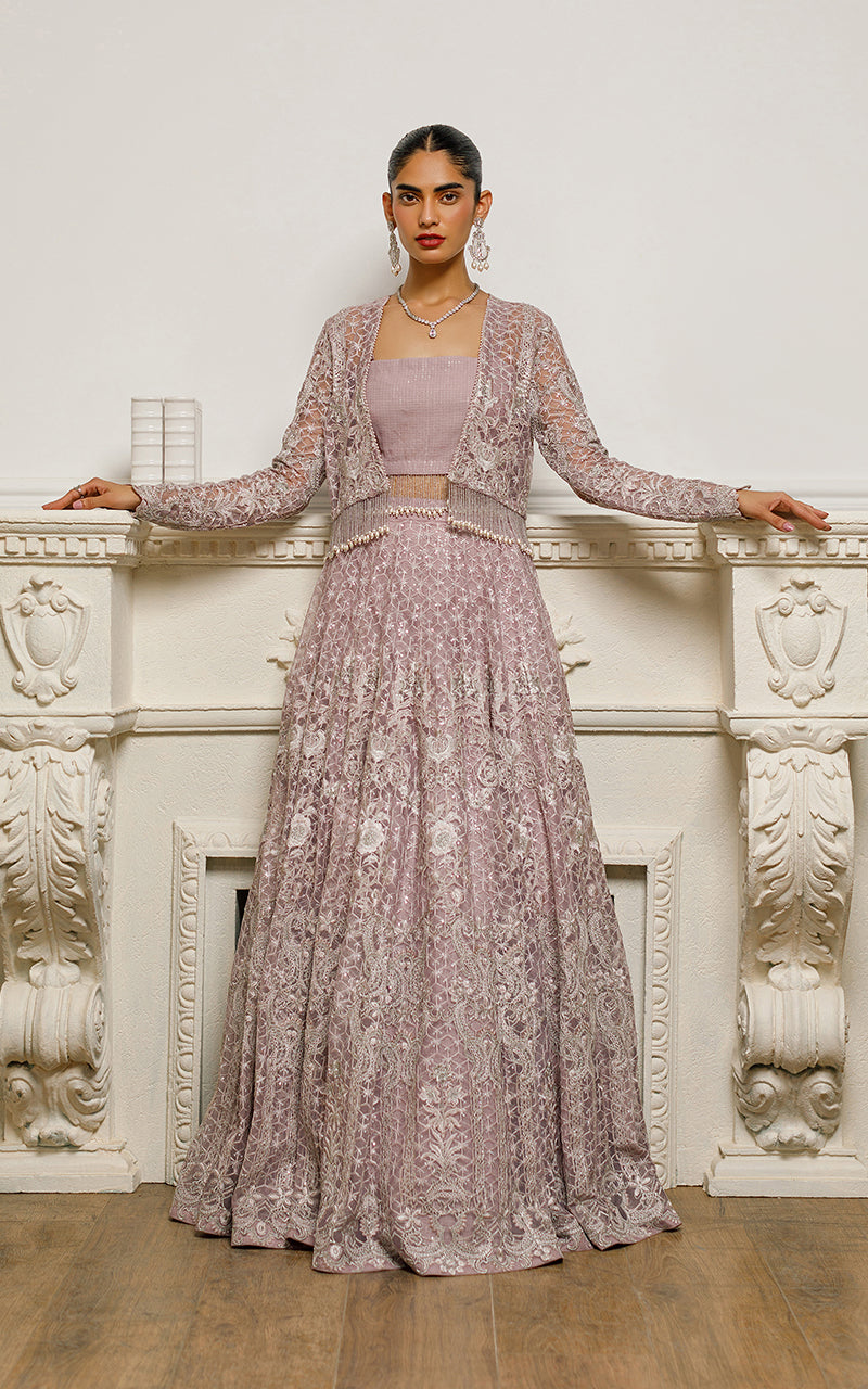 Lilac Embroidered Net Lehenga with Jacket (2-Piece) - Image 2