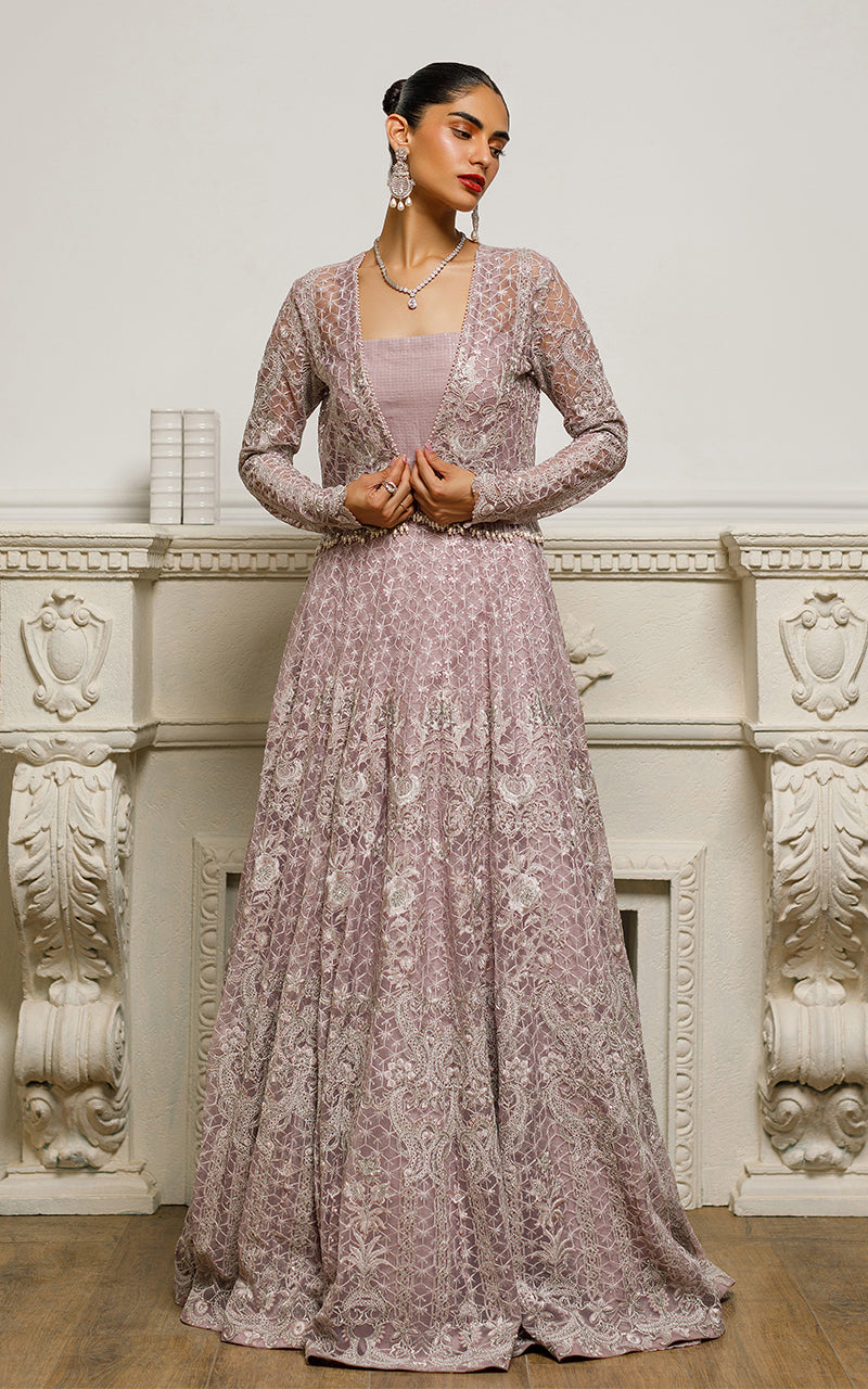 Lilac Embroidered Net Lehenga with Jacket (2-Piece) - Image 6