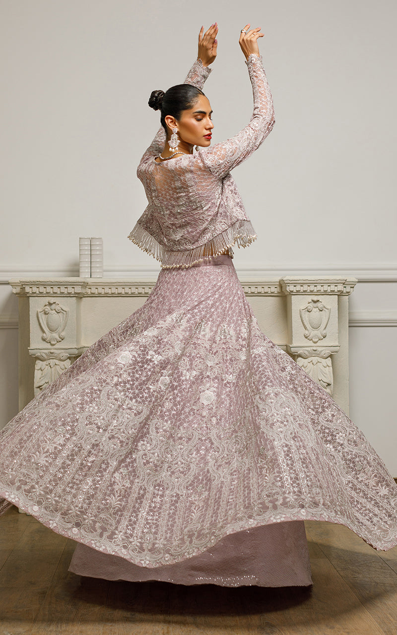 Lilac Embroidered Net Lehenga with Jacket (2-Piece) - Image 7