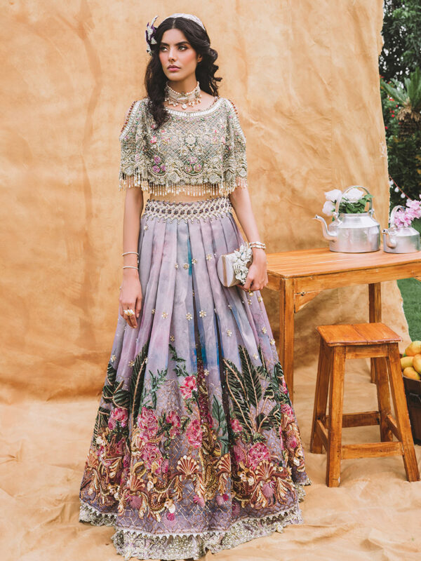 Pakistani Lavender Sage Embellished Net Organza Lehenga (2-Piece) - Image 1