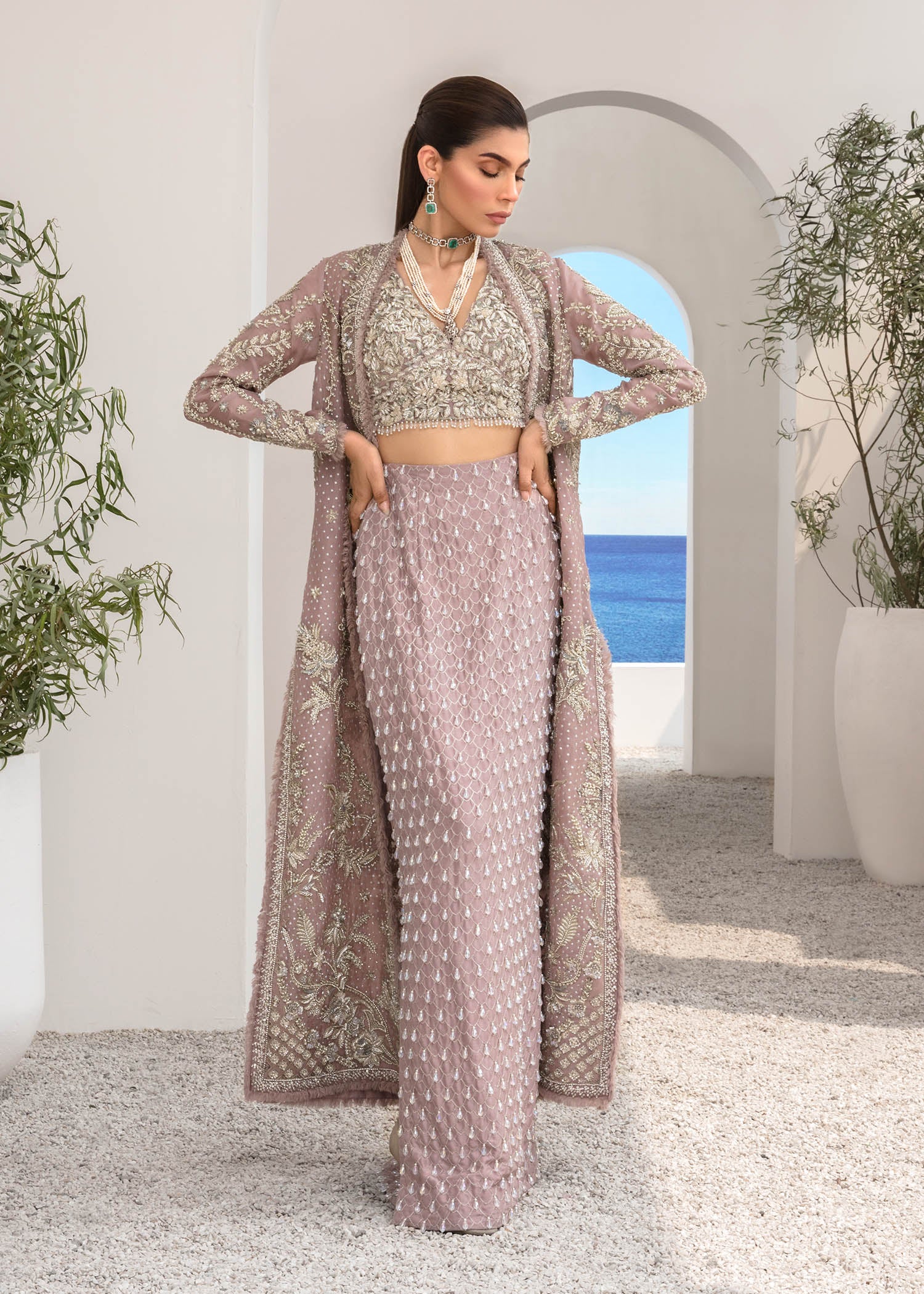 Indian Lilac Embroidered Organza Net & Raw Silk Lehenga (3-Piece) - Image 2
