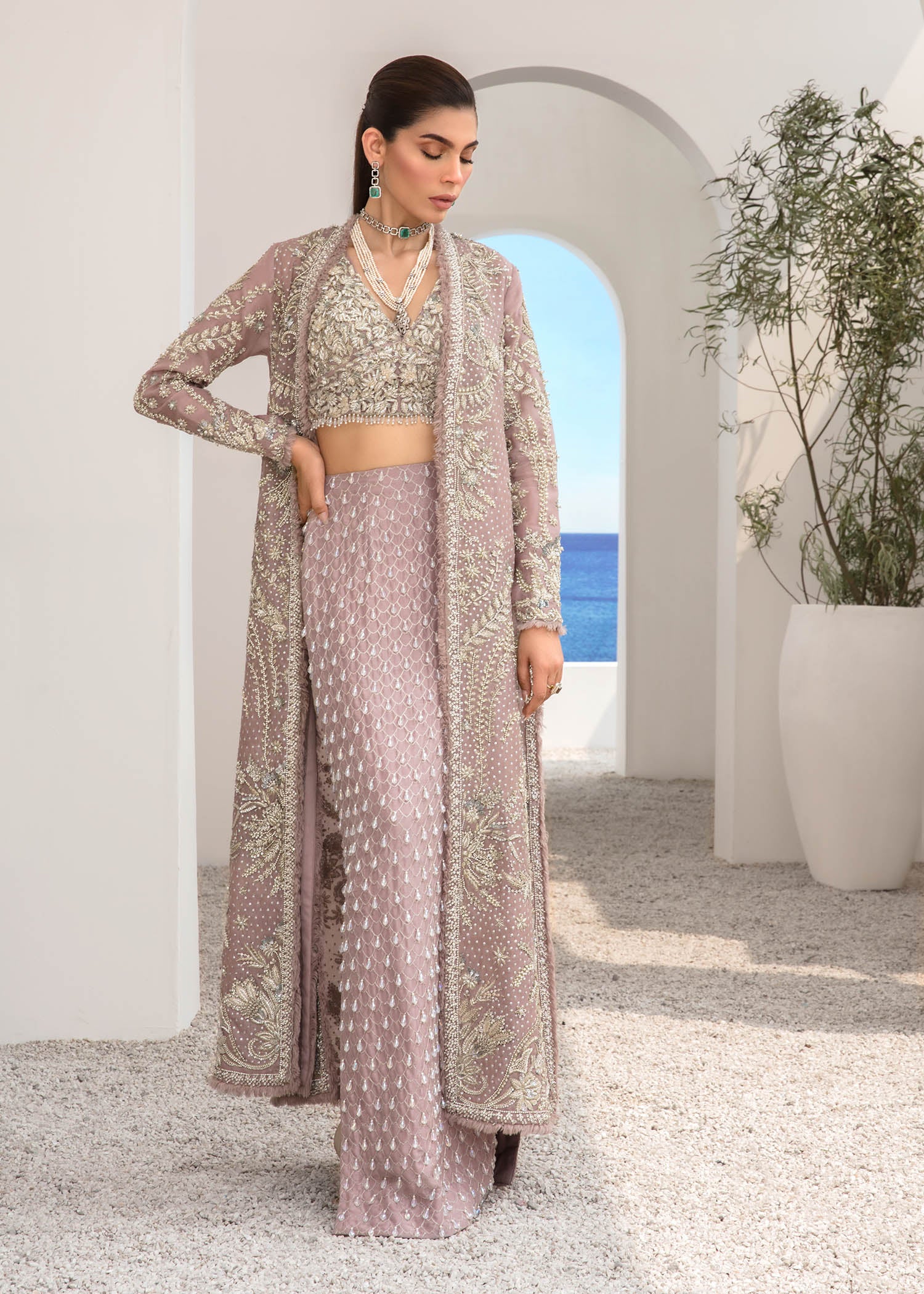 Indian Lilac Embroidered Organza Net & Raw Silk Lehenga (3-Piece) - Image 3