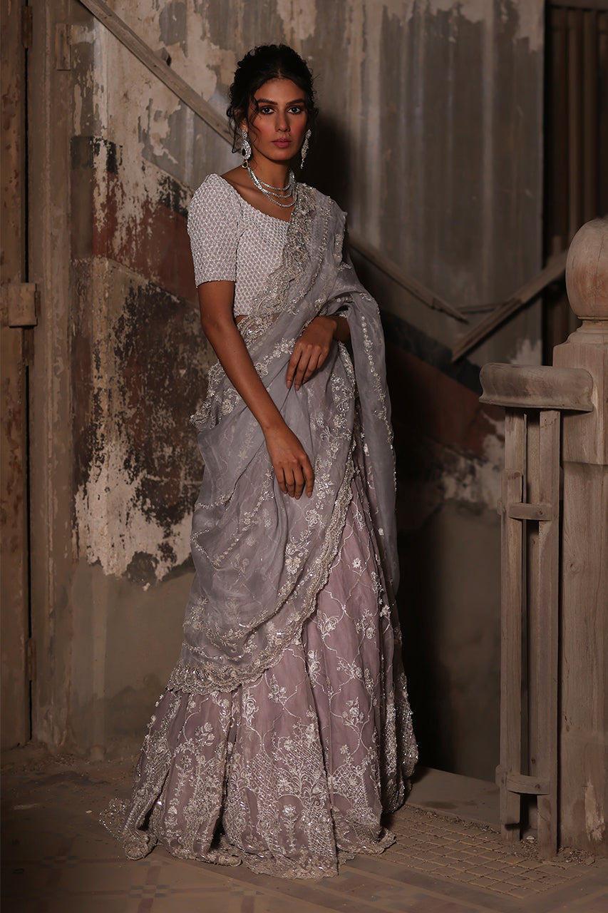 Lilac & Light Blue Zardozi Organza Silk Lehenga (3-Piece) - Image 1
