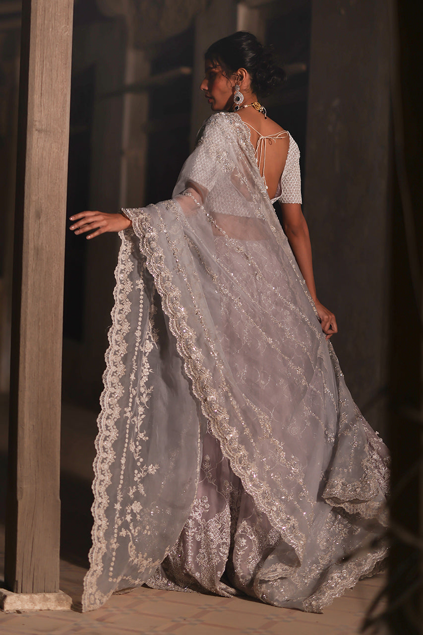 Lilac & Light Blue Zardozi Organza Silk Lehenga (3-Piece) - Image 2