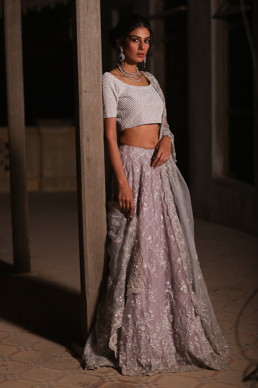 Lilac & Light Blue Zardozi Organza Silk Lehenga (3-Piece) - Image 3