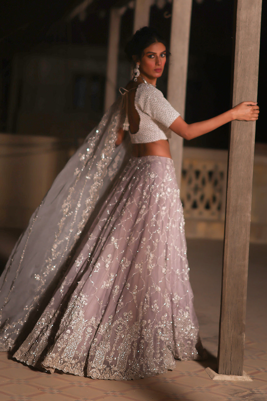 Lilac & Light Blue Zardozi Organza Silk Lehenga (3-Piece) - Image 4