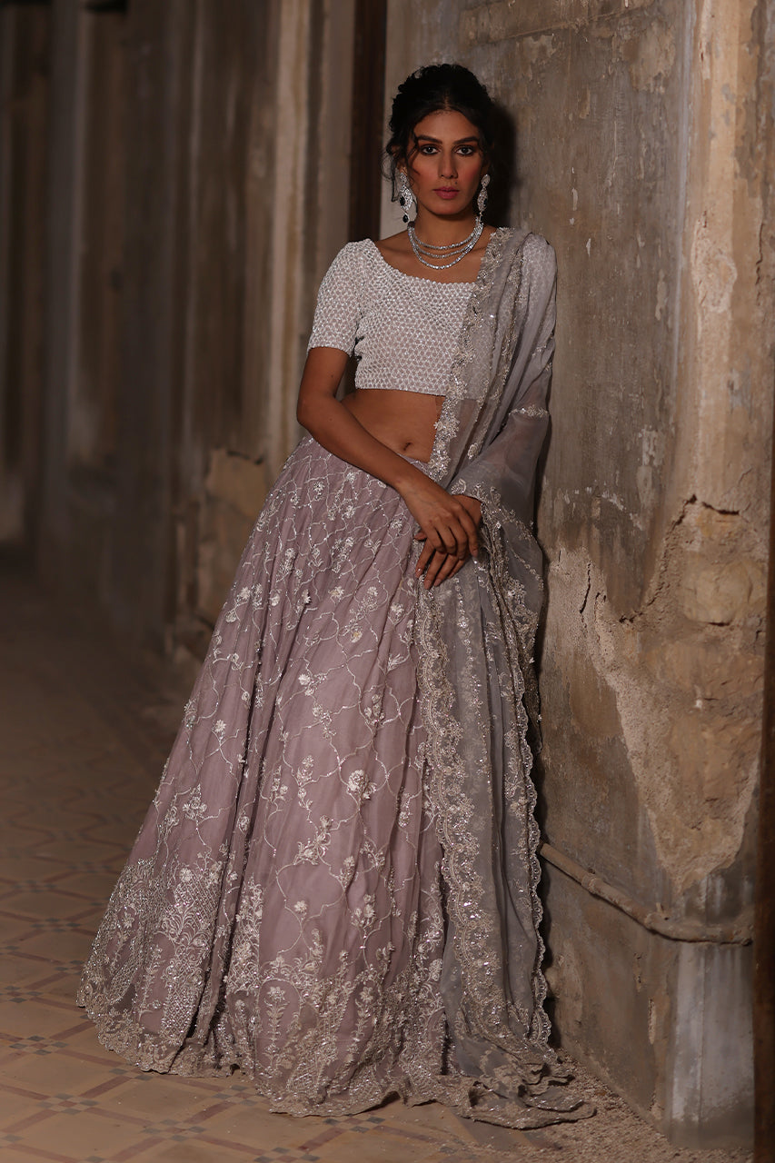 Lilac & Light Blue Zardozi Organza Silk Lehenga (3-Piece) - Image 6