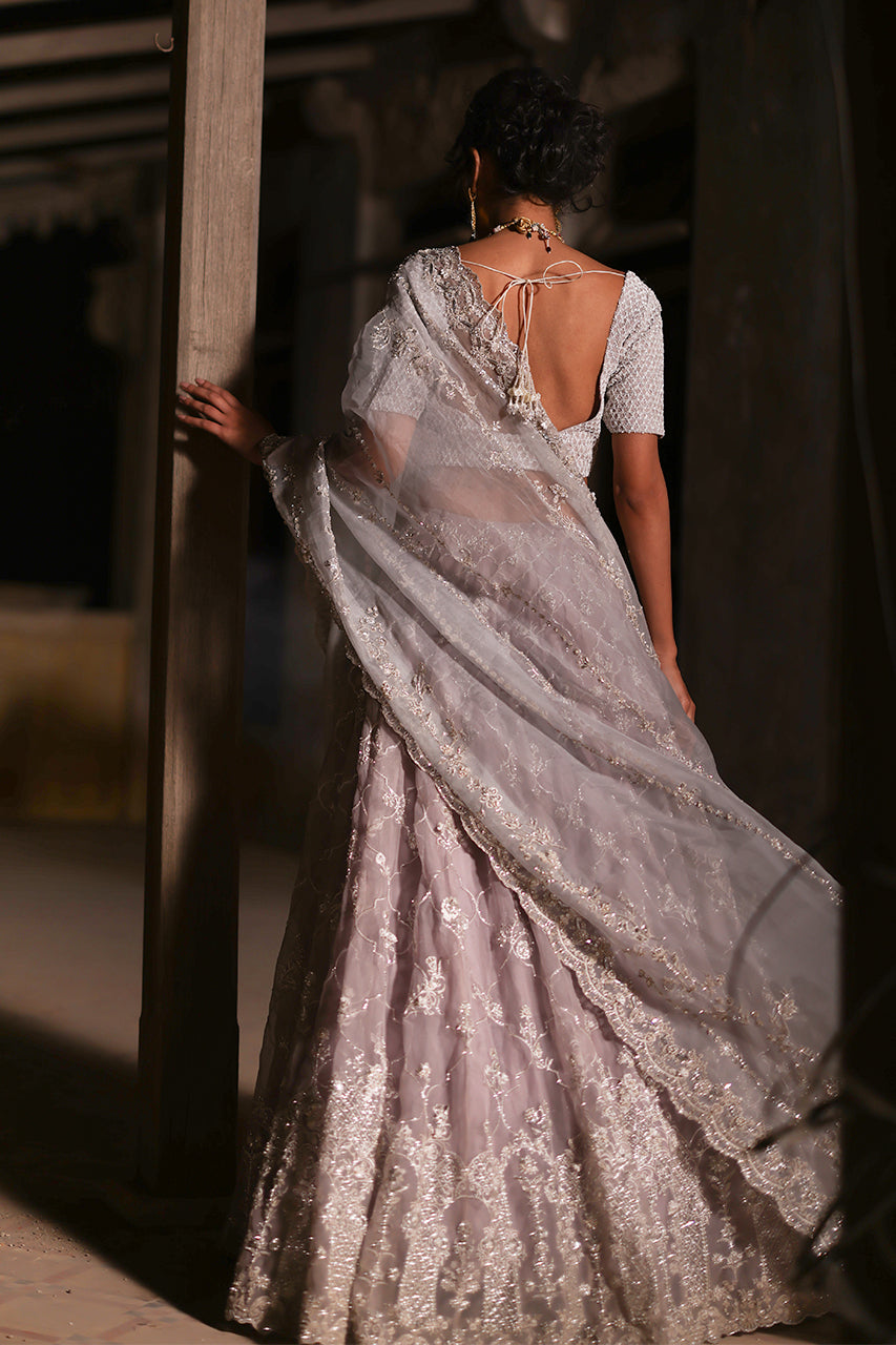 Lilac & Light Blue Zardozi Organza Silk Lehenga (3-Piece) - Image 7