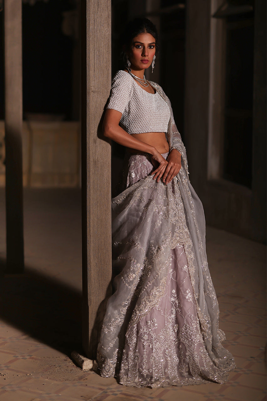 Lilac & Light Blue Zardozi Organza Silk Lehenga (3-Piece) - Image 8