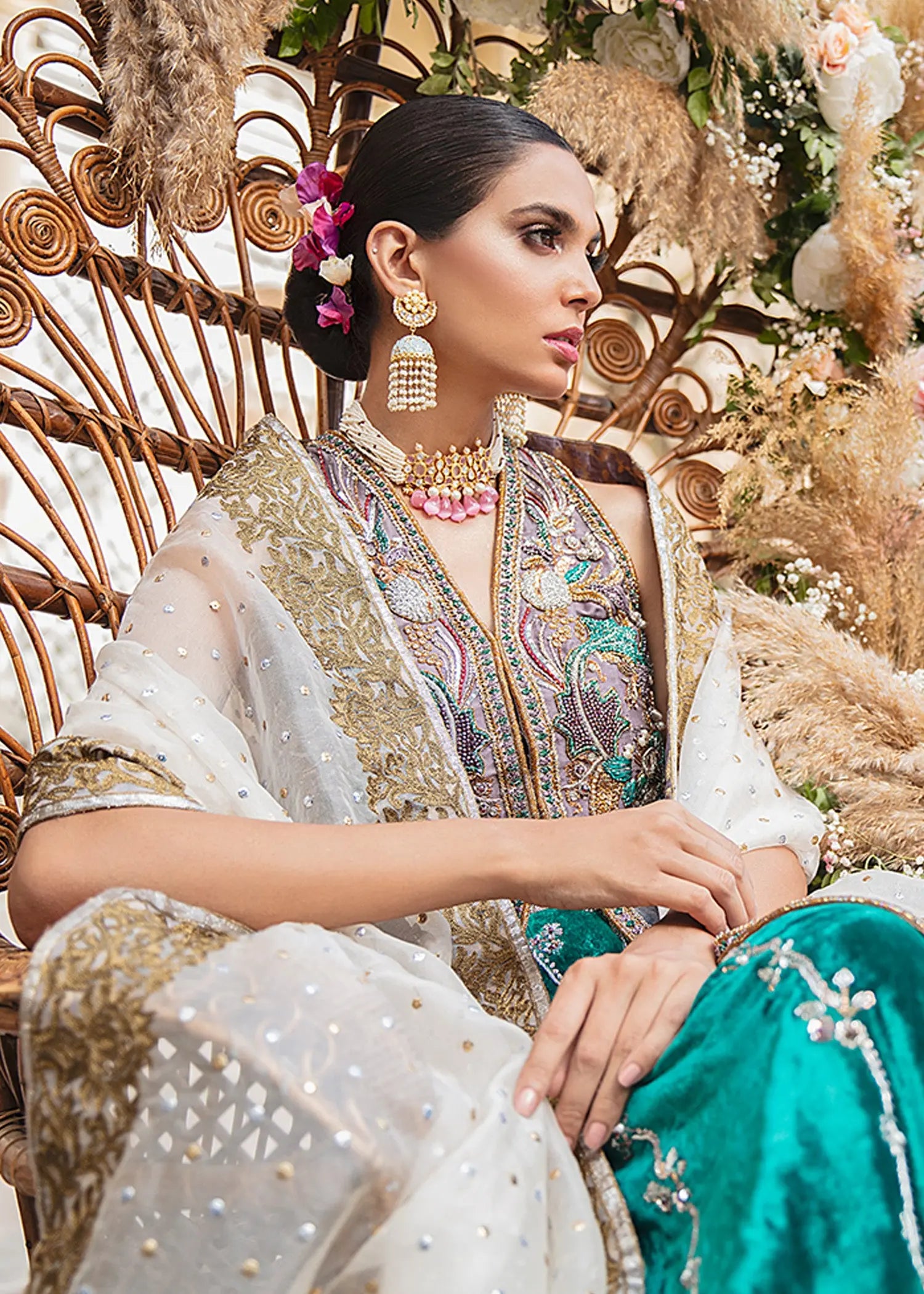Pakistani Lilac Embroidered Organza Gown with Velvet Lehenga (3-Piece) - Image 2