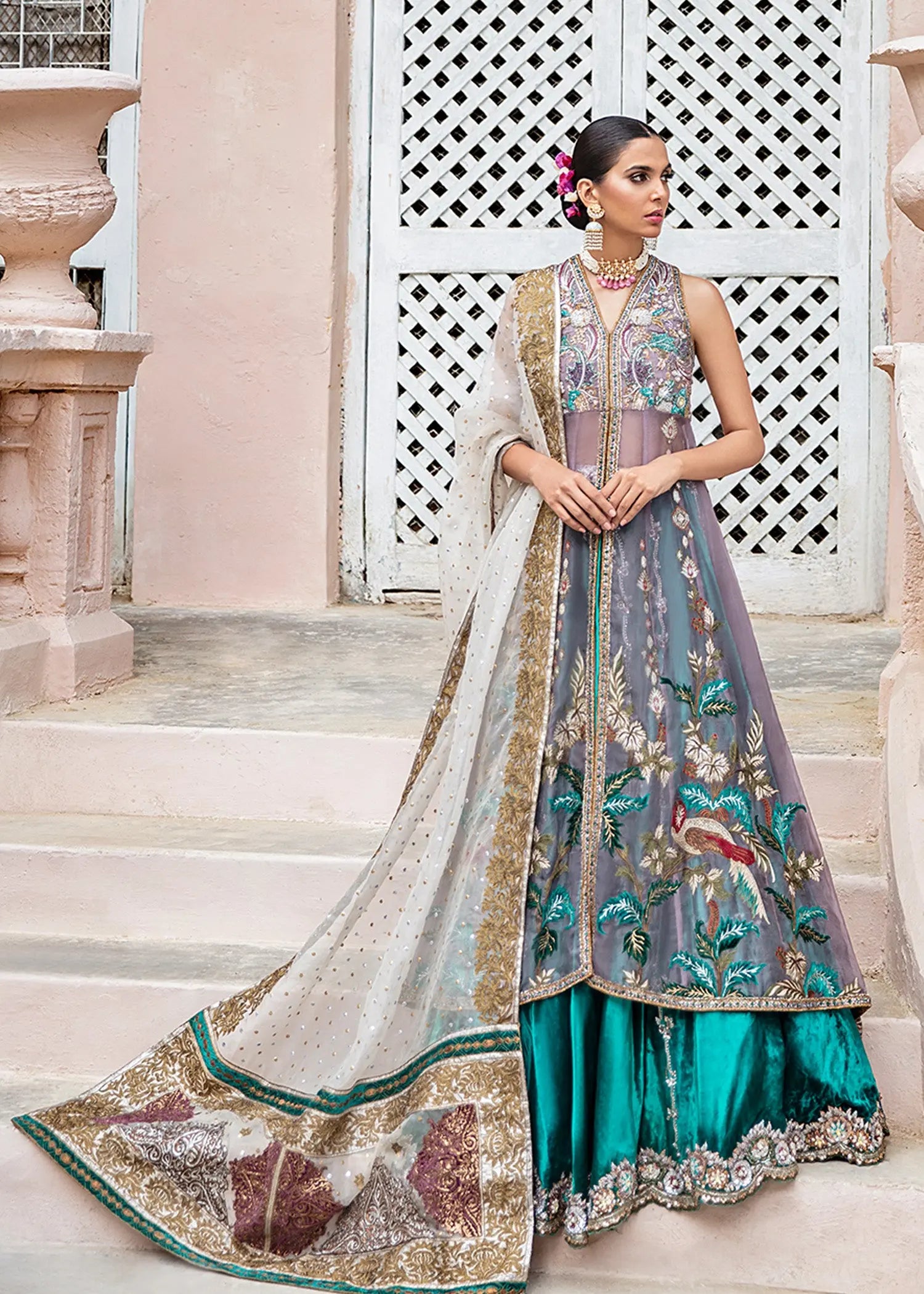 Pakistani Lilac Embellished Organza Long Shirt with Velvet Lehenga (3-Piece) - Image 1