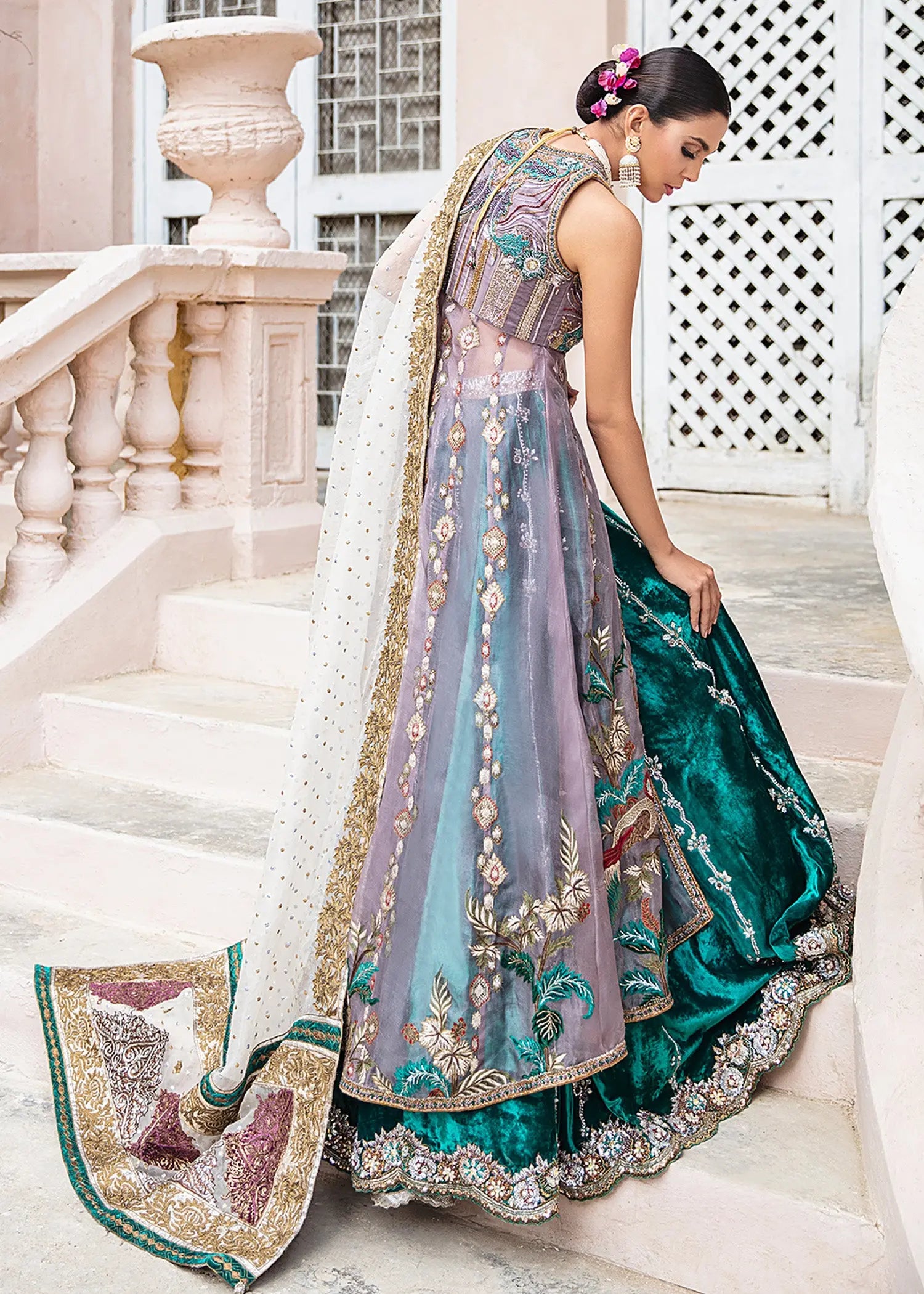 Pakistani Lilac Embellished Organza Long Shirt with Velvet Lehenga (3-Piece) - Image 3
