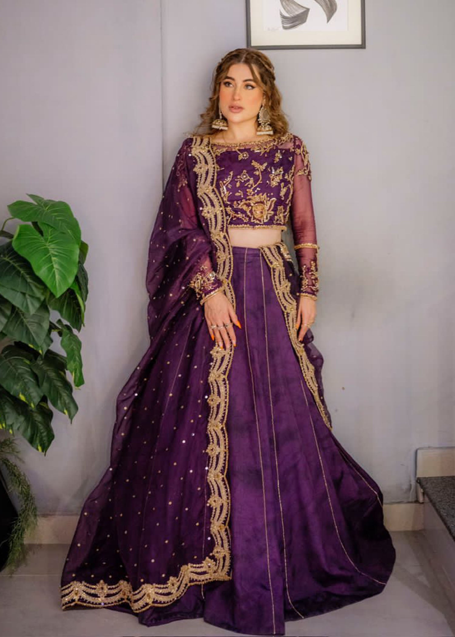Regal Purple Embroidered Organza Choli & Velvet Lehenga (3-Piece) - Image 1