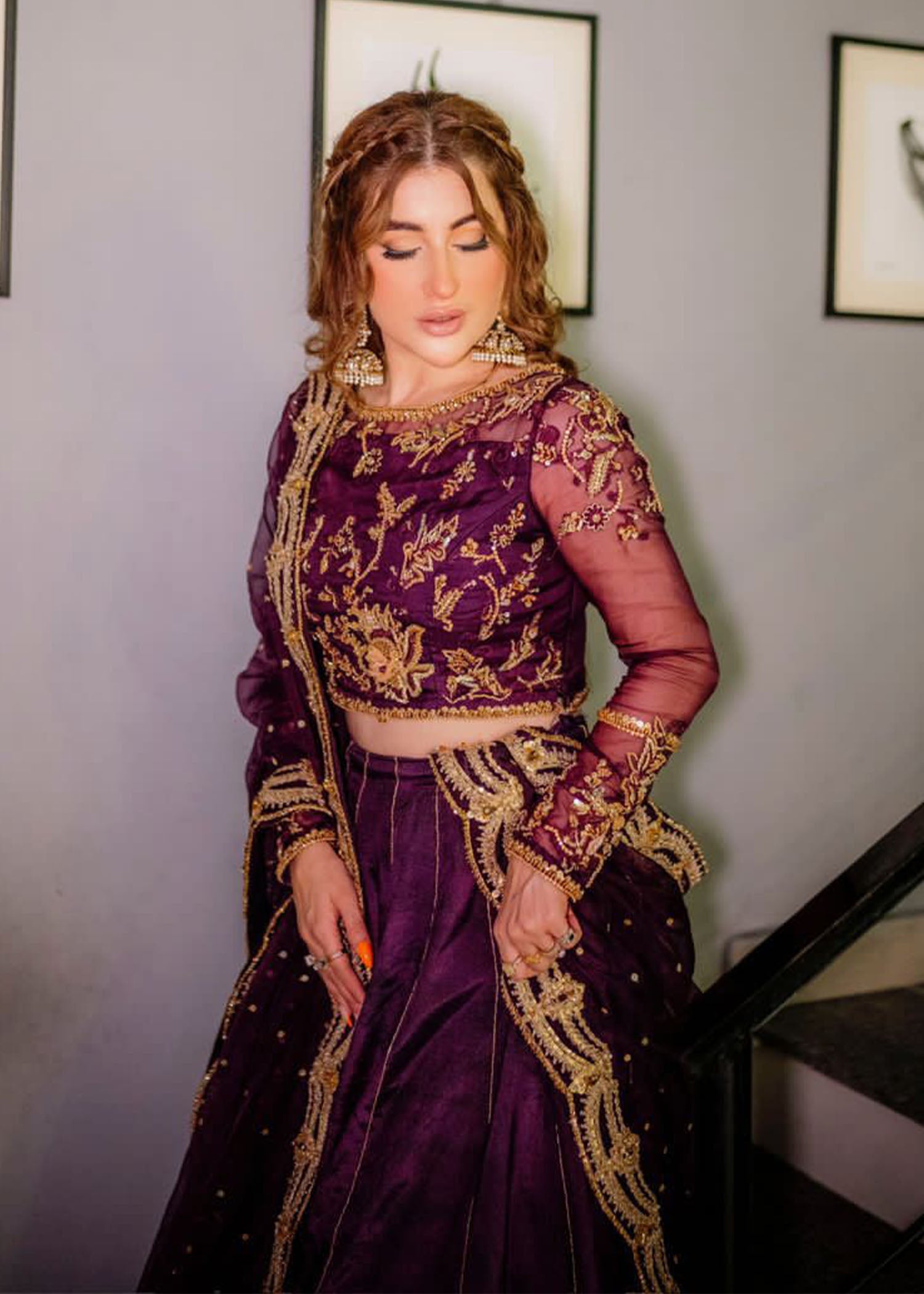 Regal Purple Embroidered Organza Choli & Velvet Lehenga (3-Piece) - Image 6