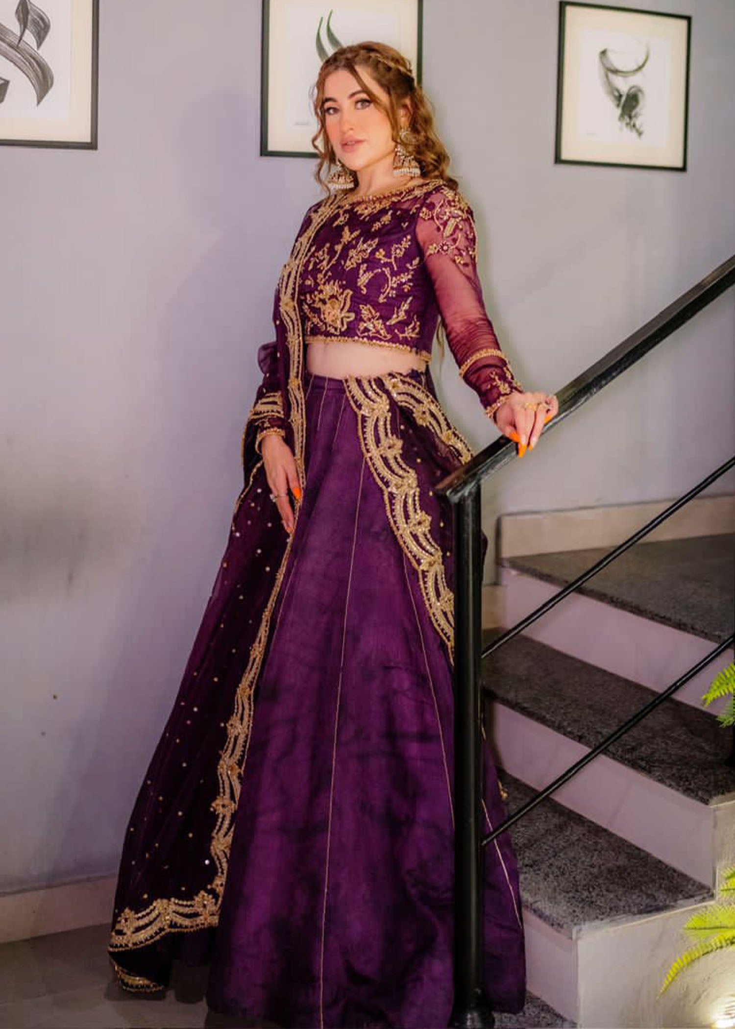 Regal Purple Embroidered Organza Choli & Velvet Lehenga (3-Piece) - Image 7