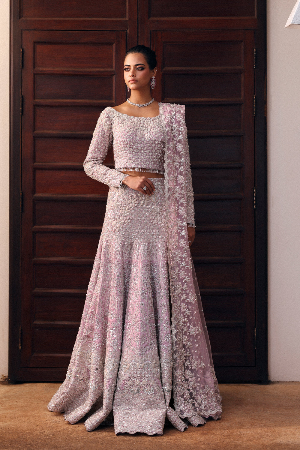 Pakistani Lilac Embellished Net & Organza Mermaid Bridal Lehenga (3-Piece) - Image 1