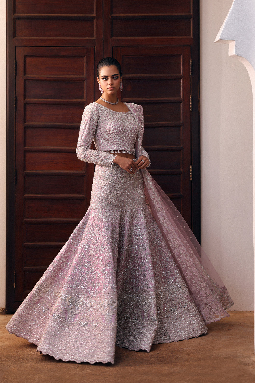 Pakistani Lilac Embellished Net & Organza Mermaid Bridal Lehenga (3-Piece) - Image 3