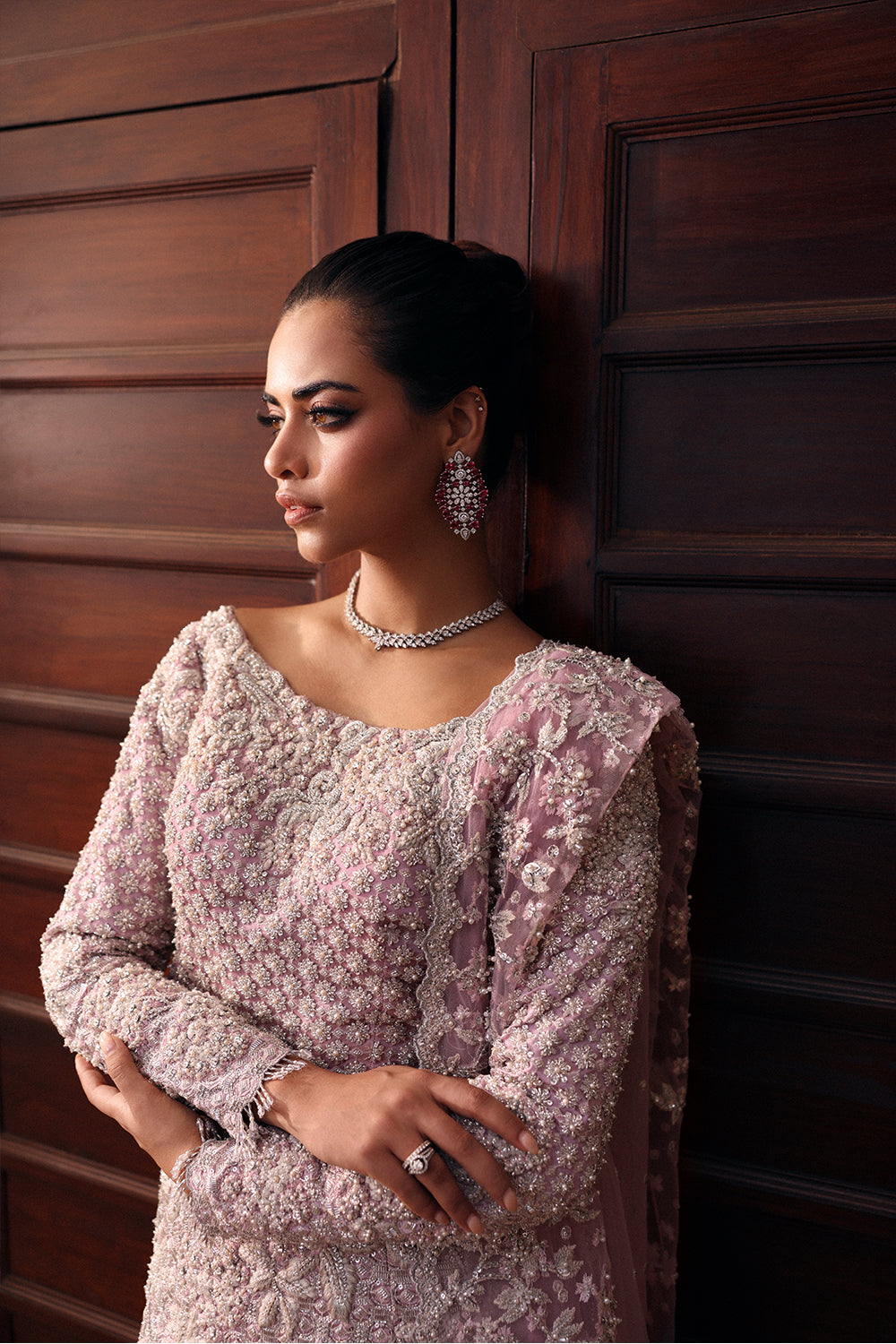 Pakistani Lilac Embellished Net & Organza Mermaid Bridal Lehenga (3-Piece) - Image 4