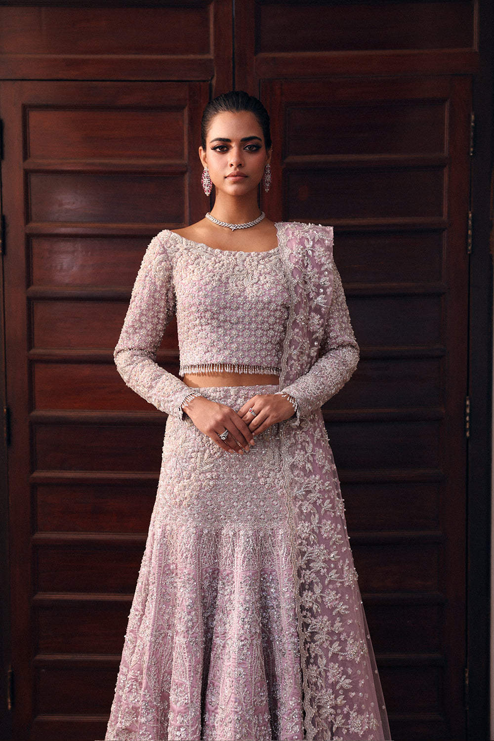 Pakistani Lilac Embellished Net & Organza Mermaid Bridal Lehenga (3-Piece) - Image 6