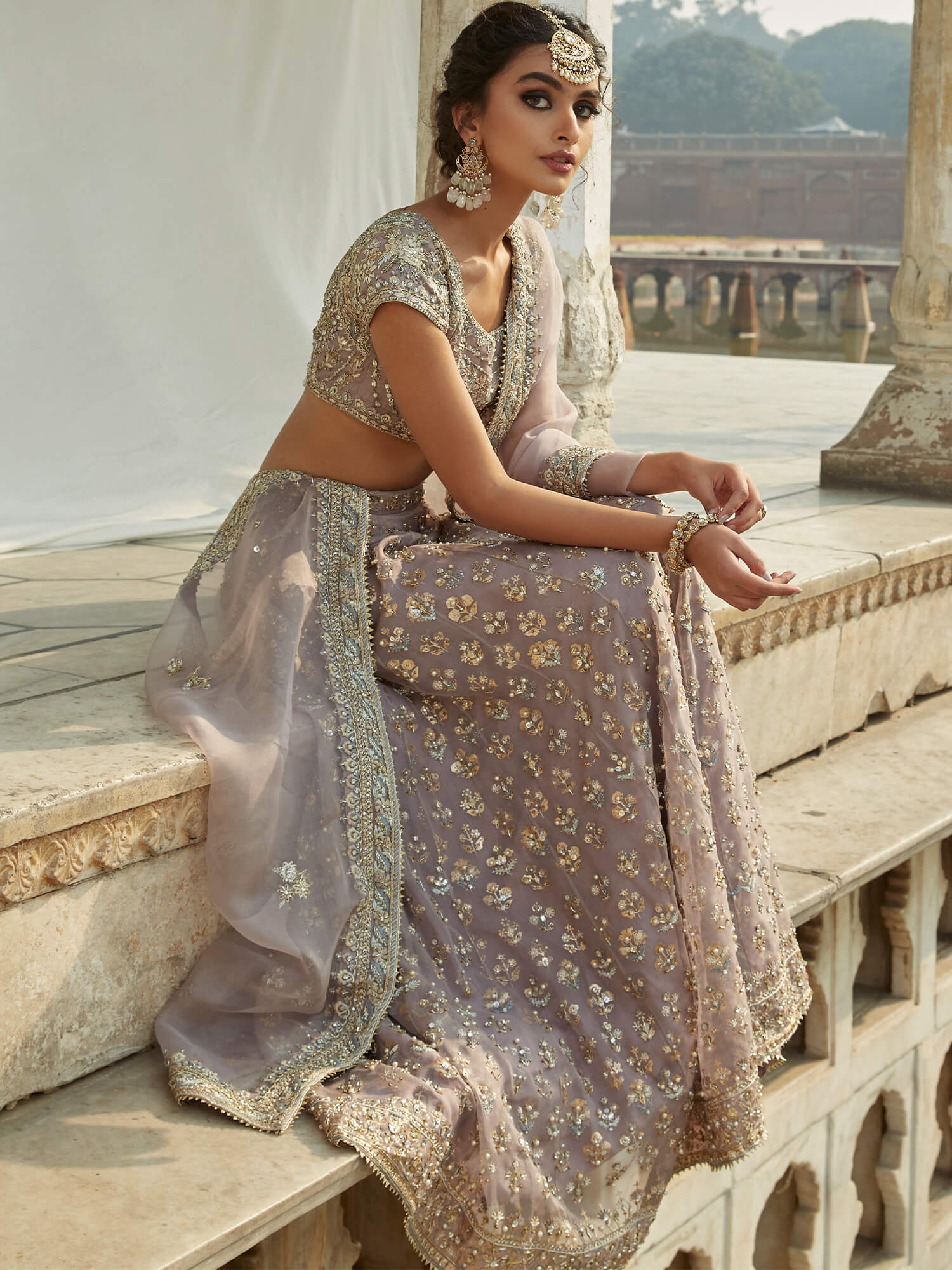 Pakistani Lavender Zardozi Organza Lehenga Choli (3-Piece) - Image 5