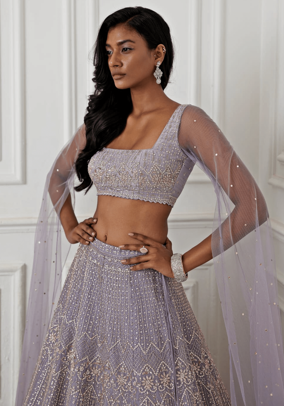 Pakistani Dusty Lilac Zardozi Organza Silk Lehenga (3-Piece) - Image 3