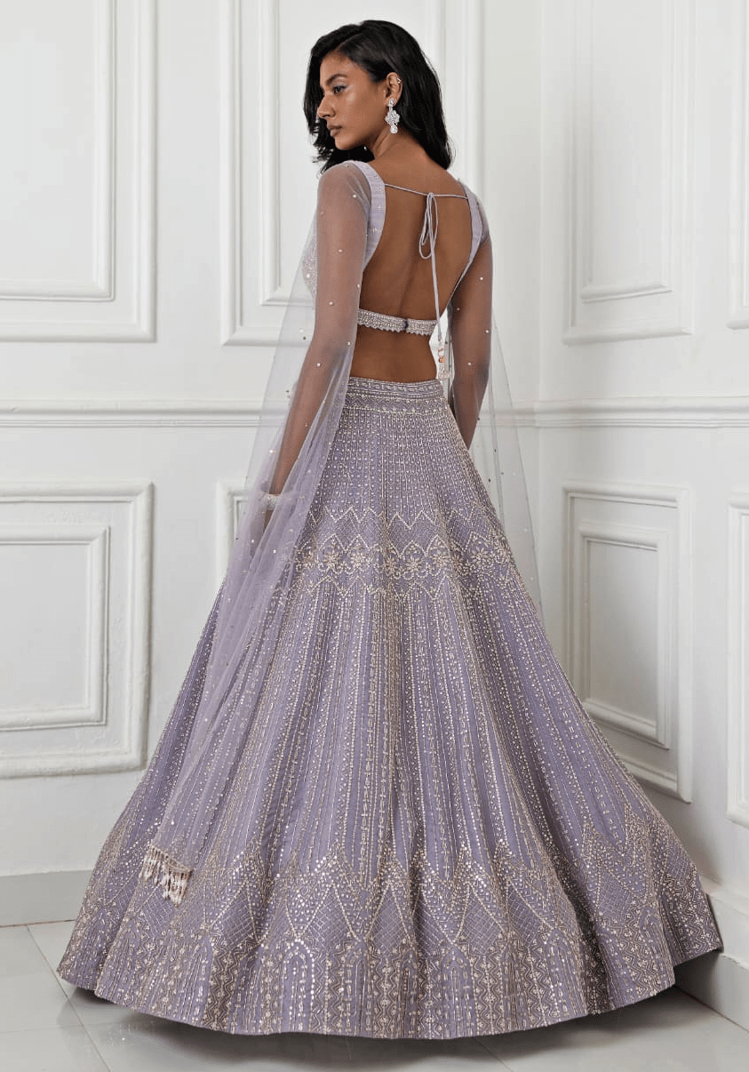 Pakistani Dusty Lilac Zardozi Organza Silk Lehenga (3-Piece) - Image 5