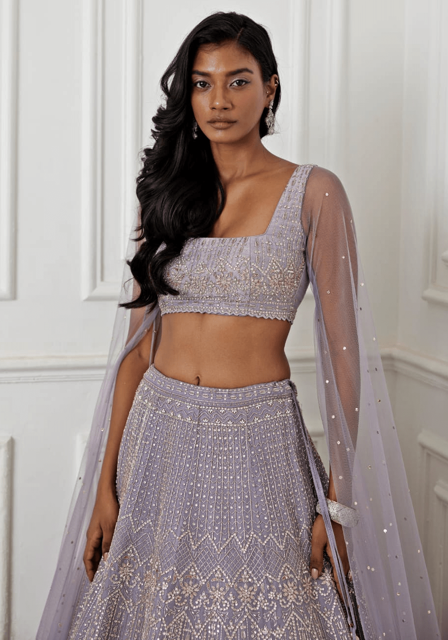 Pakistani Dusty Lilac Zardozi Organza Silk Lehenga (3-Piece) - Image 6