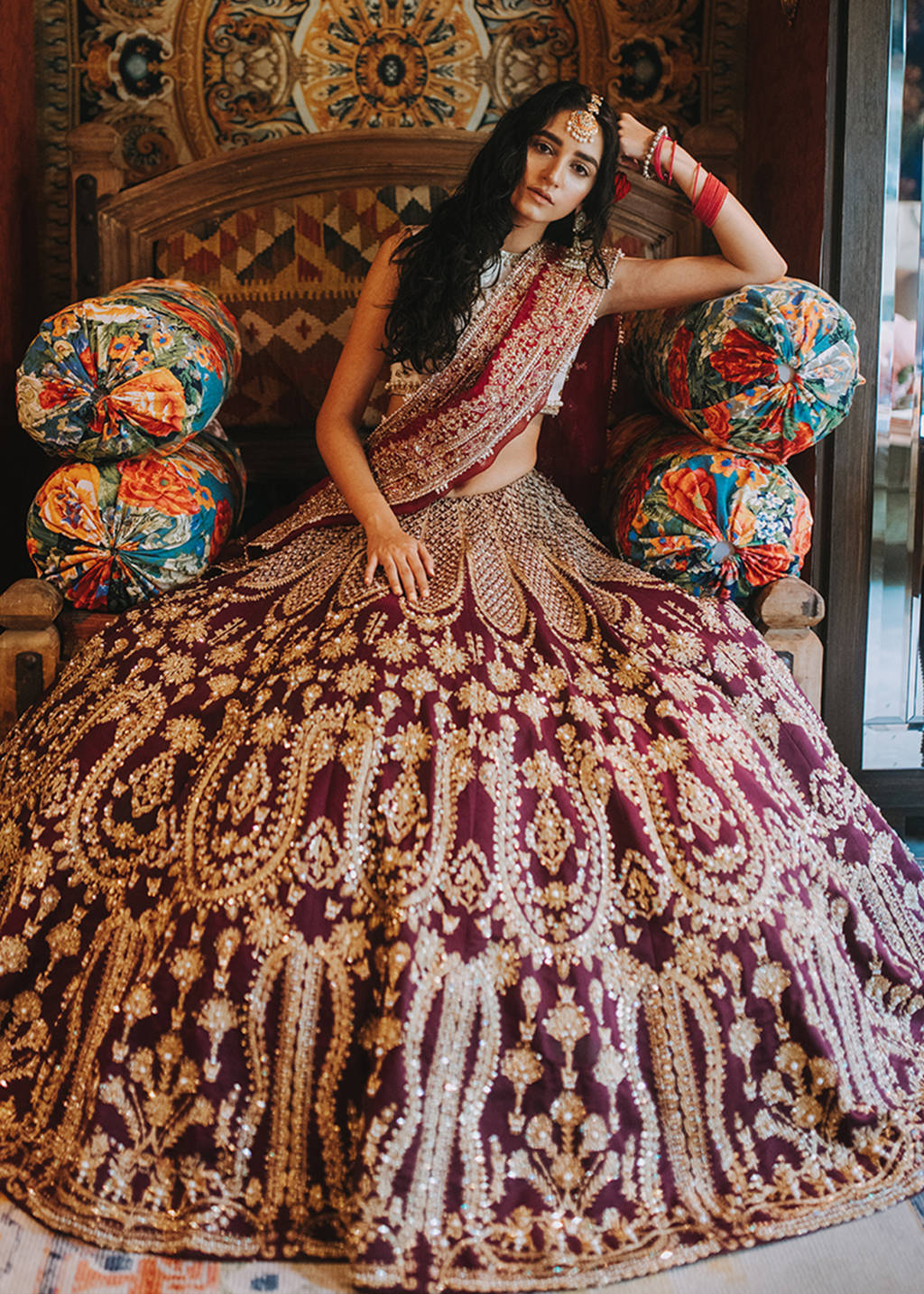 Plum Embroidered Raw Silk Bridal Lehenga (3-Piece) - Image 1