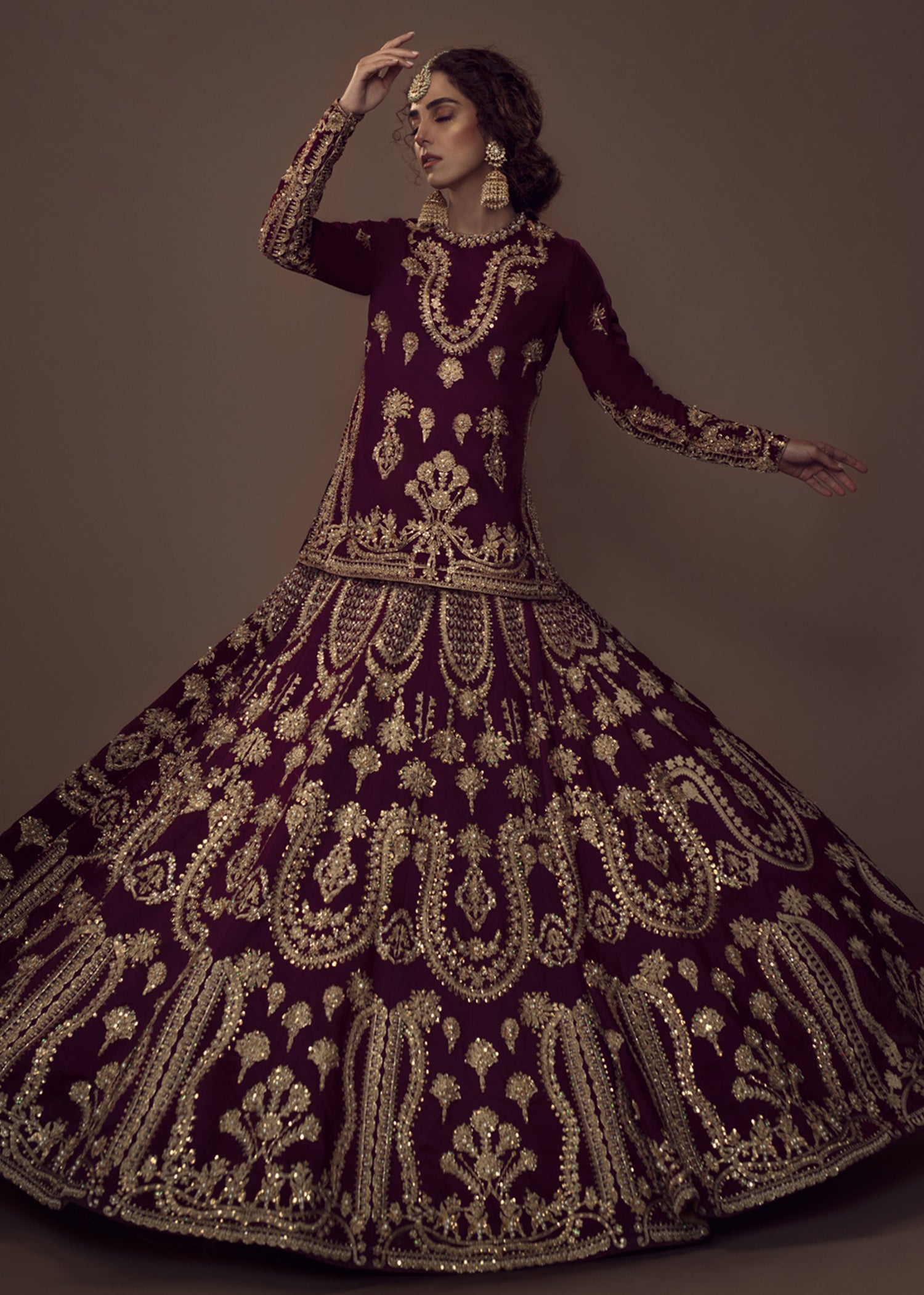 Plum Embroidered Raw Silk Bridal Lehenga (3-Piece) - Image 2