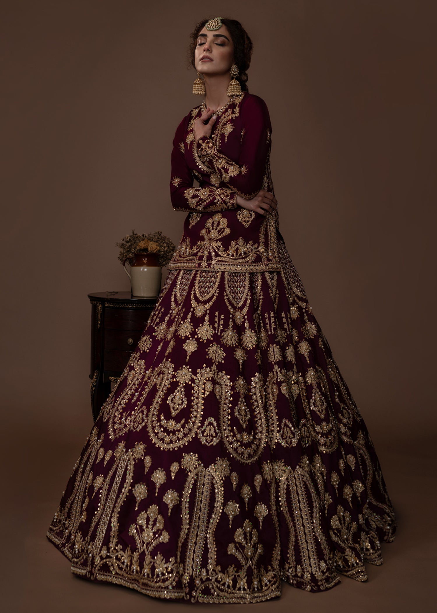 Pakistani Plum Aari Zardozi Raw Silk Bridal Lehenga (3-Piece) - Image 4