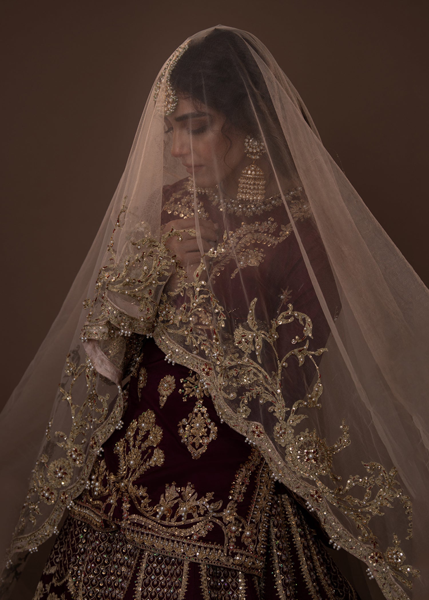 Pakistani Plum Aari Zardozi Raw Silk Bridal Lehenga (3-Piece) - Image 5