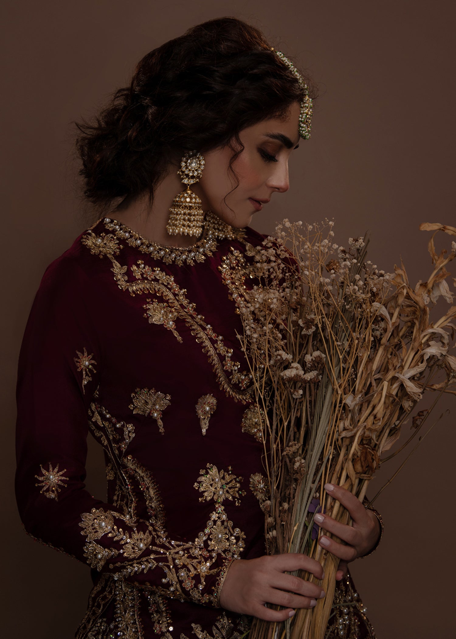 Pakistani Plum Aari Zardozi Raw Silk Bridal Lehenga (3-Piece) - Image 6