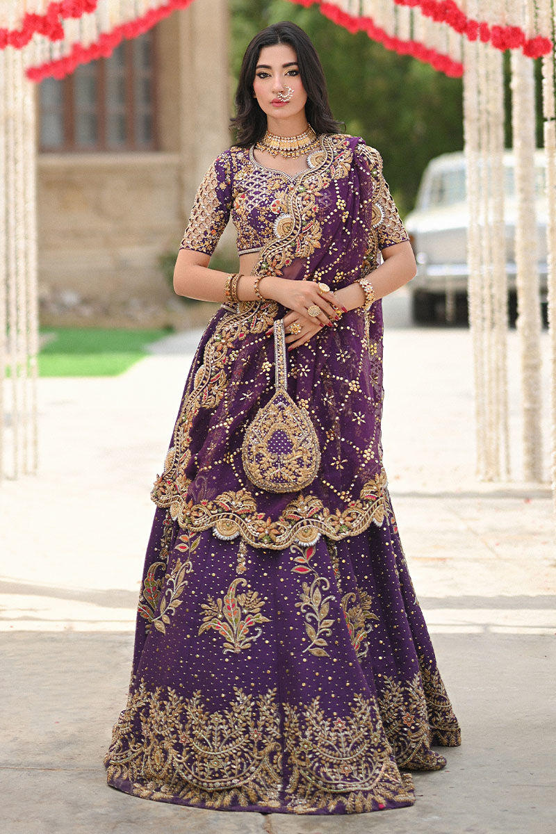 Pakistani Regal Purple Embroidered Pure Raw Silk Lehenga Choli (3-Piece) - Image 1