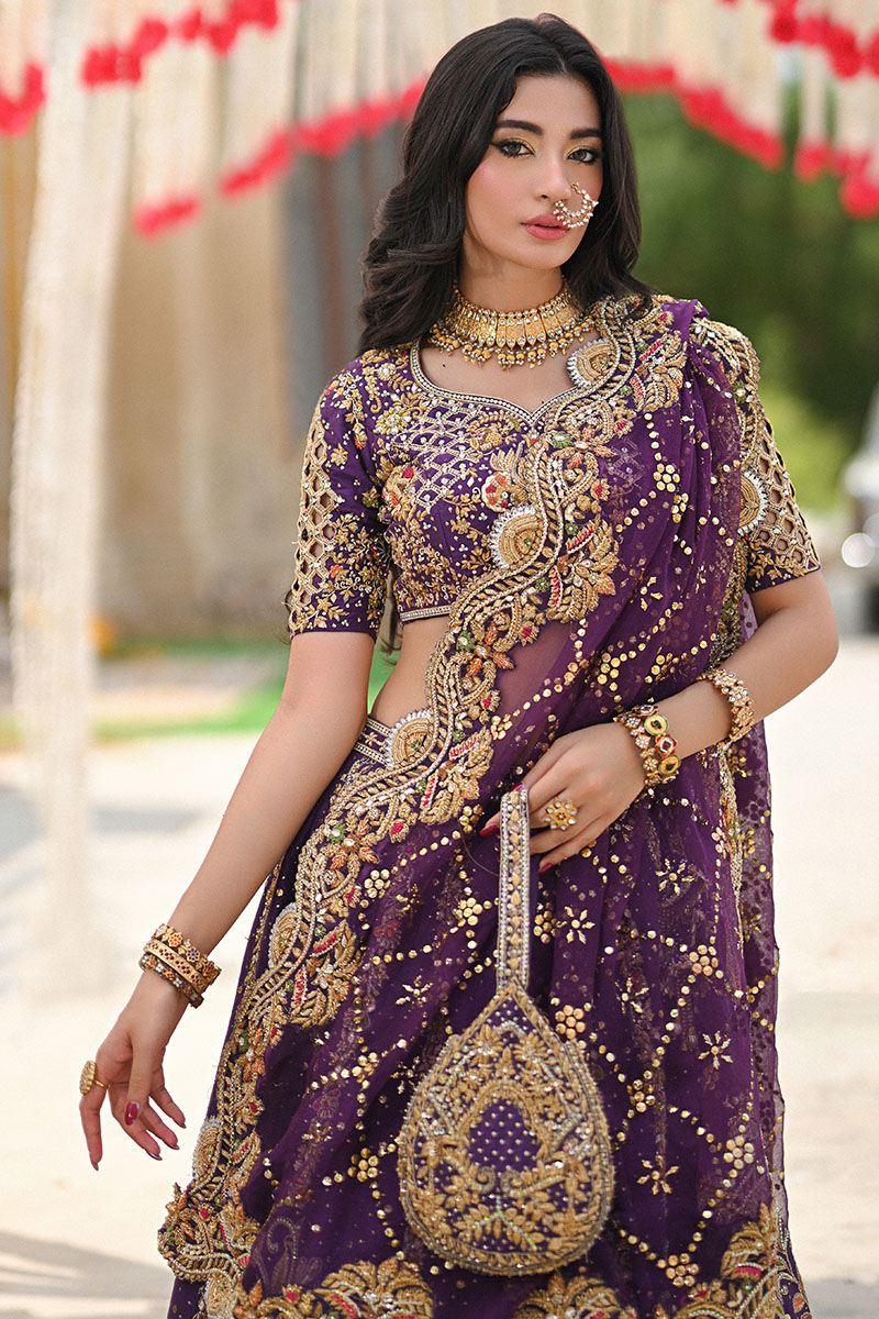Pakistani Regal Purple Embroidered Pure Raw Silk Lehenga Choli (3-Piece) - Image 2