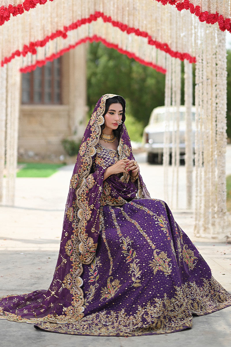Pakistani Regal Purple Embroidered Pure Raw Silk Lehenga Choli (3-Piece) - Image 4