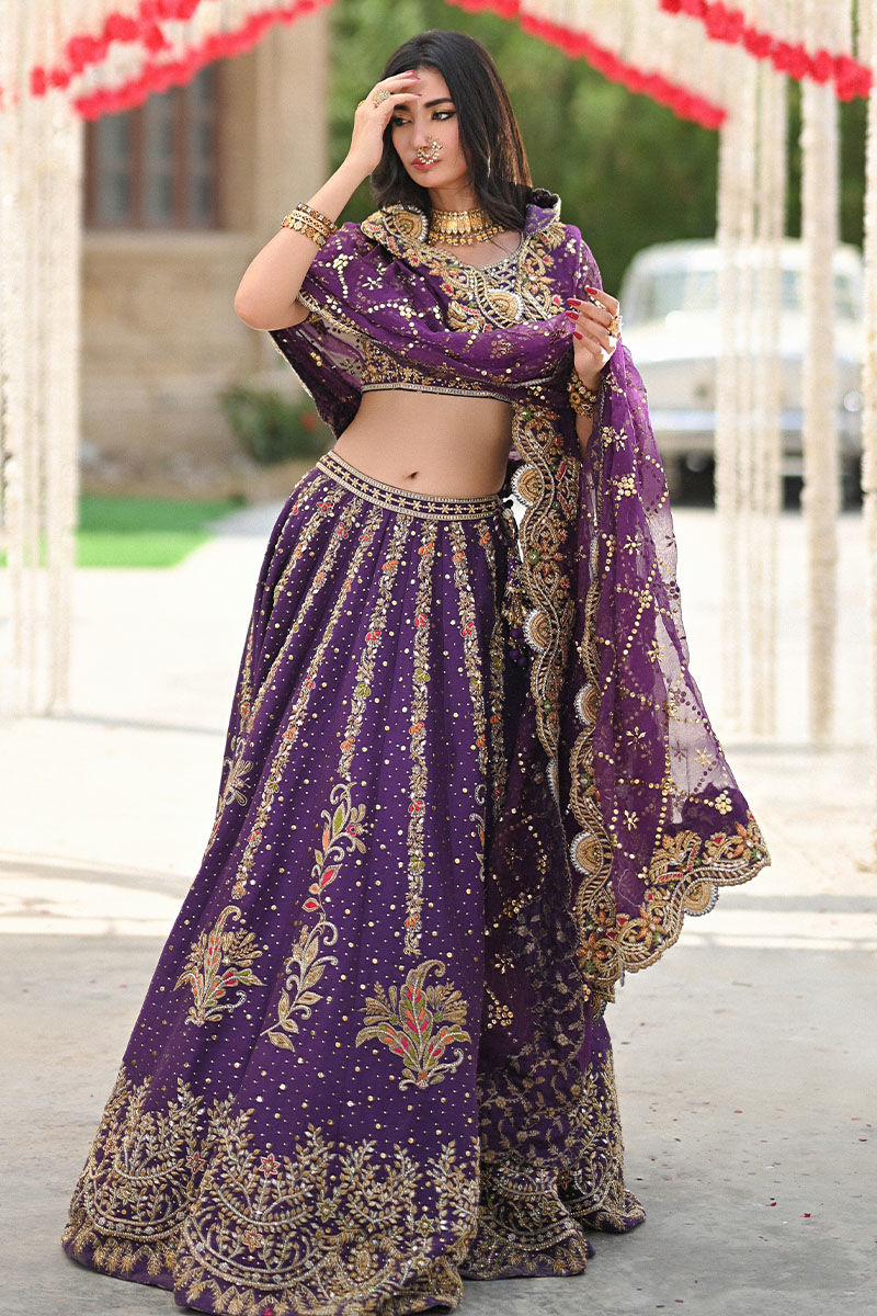 Pakistani Regal Purple Embroidered Pure Raw Silk Lehenga Choli (3-Piece) - Image 6
