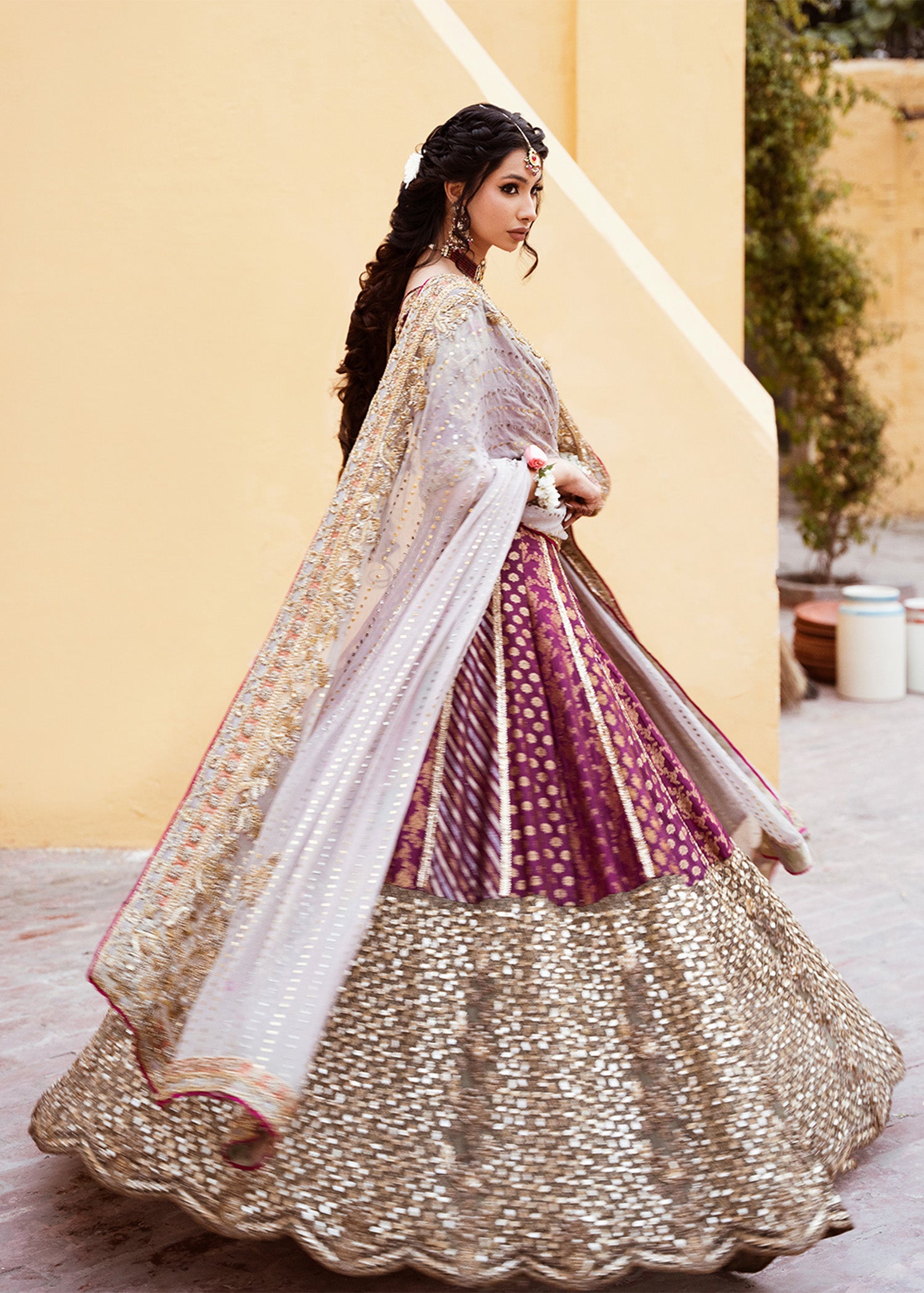 Plum Embroidered Raw Silk Choli with Khamkhaab Lehenga (3-Piece) - Image 1