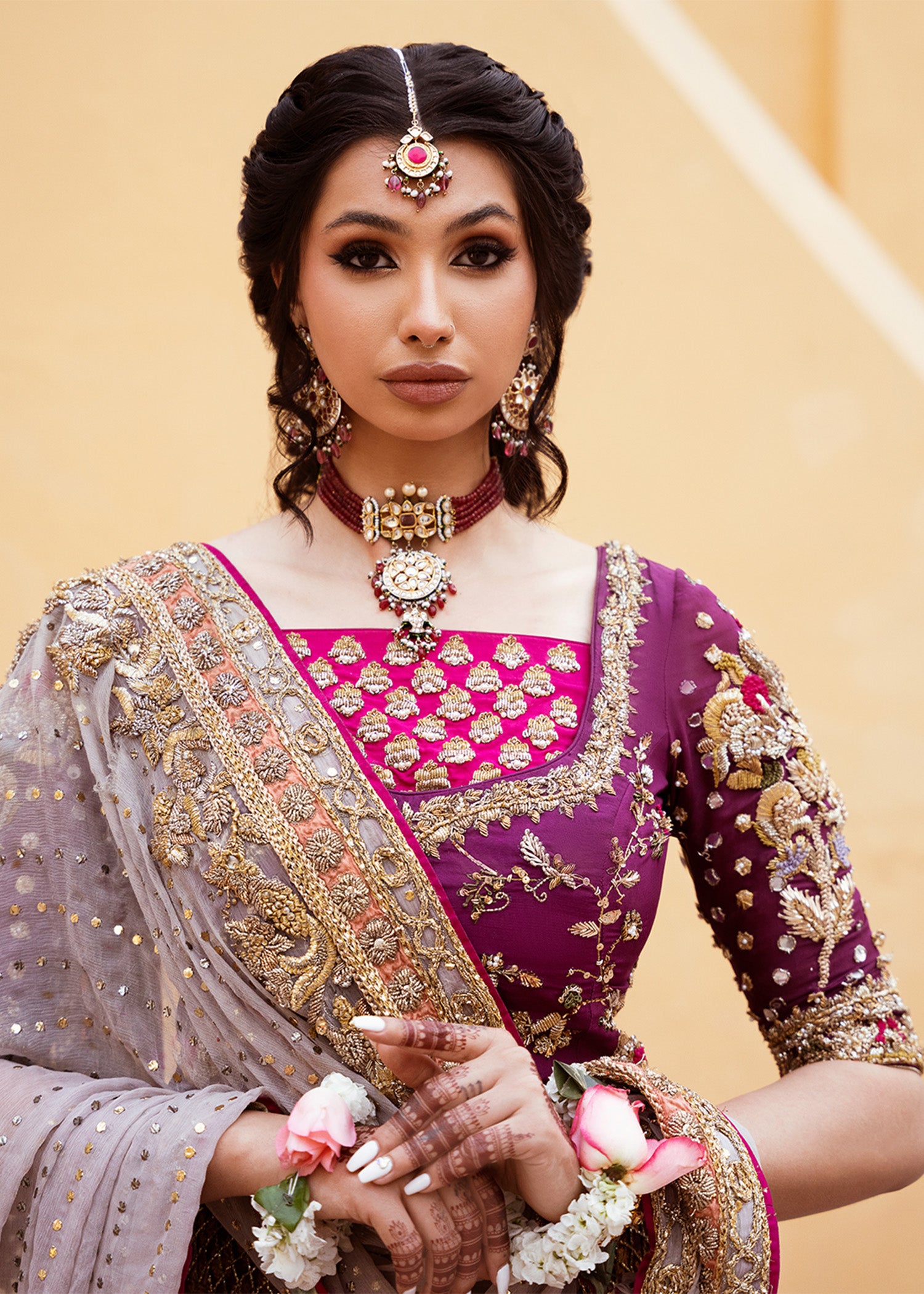 Plum Embroidered Raw Silk Choli with Khamkhaab Lehenga (3-Piece) - Image 2