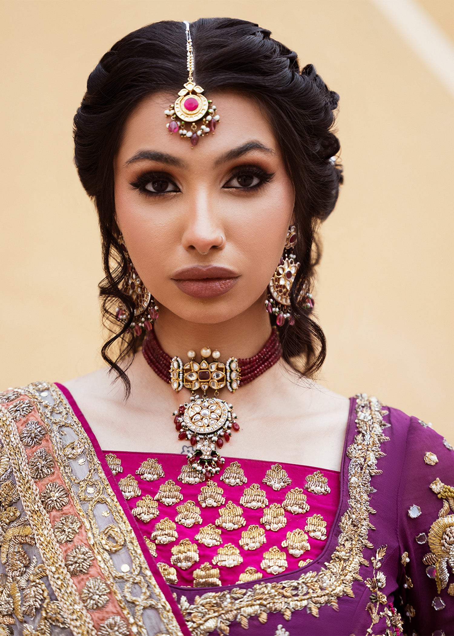 Plum Embroidered Raw Silk Choli with Khamkhaab Lehenga (3-Piece) - Image 3