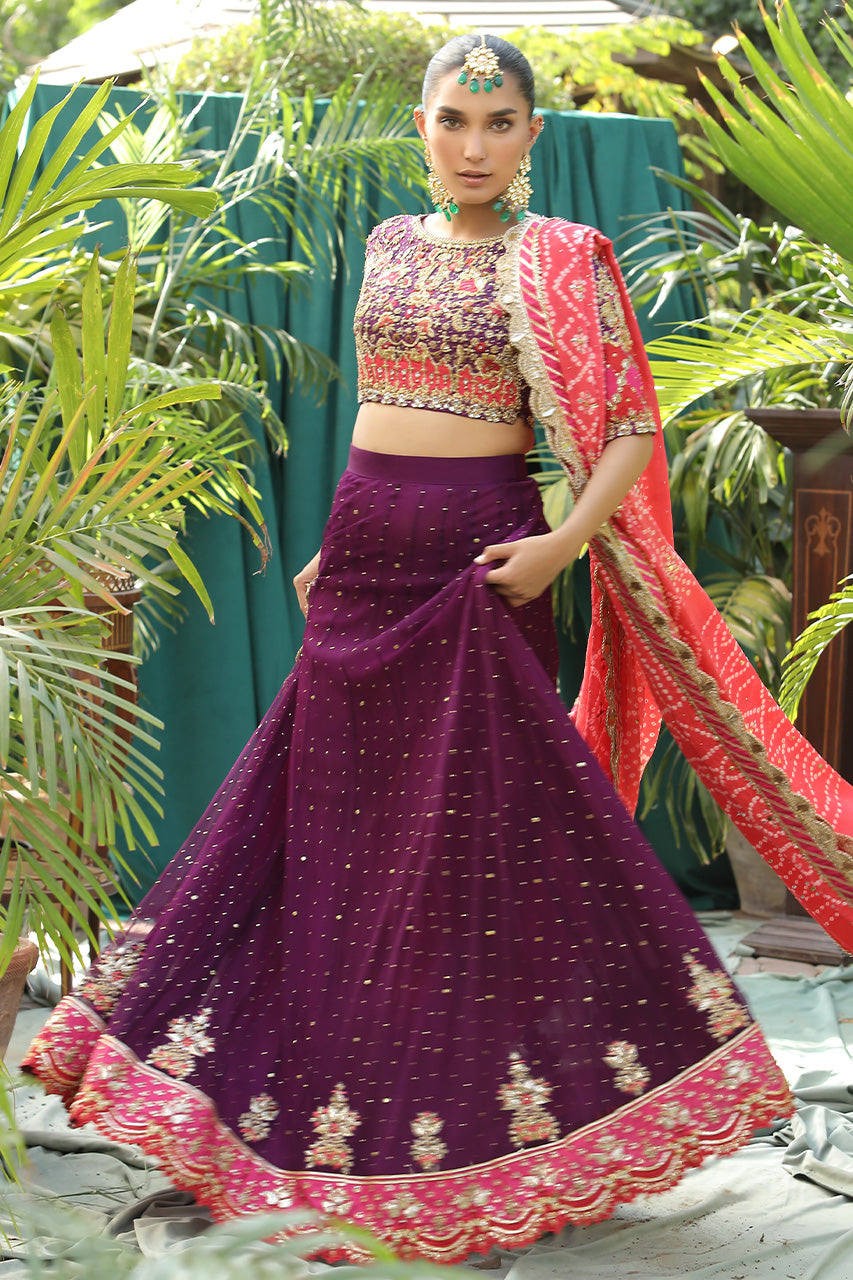 Deep Purple Qora-Dubka Raw Silk Lehenga (3-Piece) - Image 1