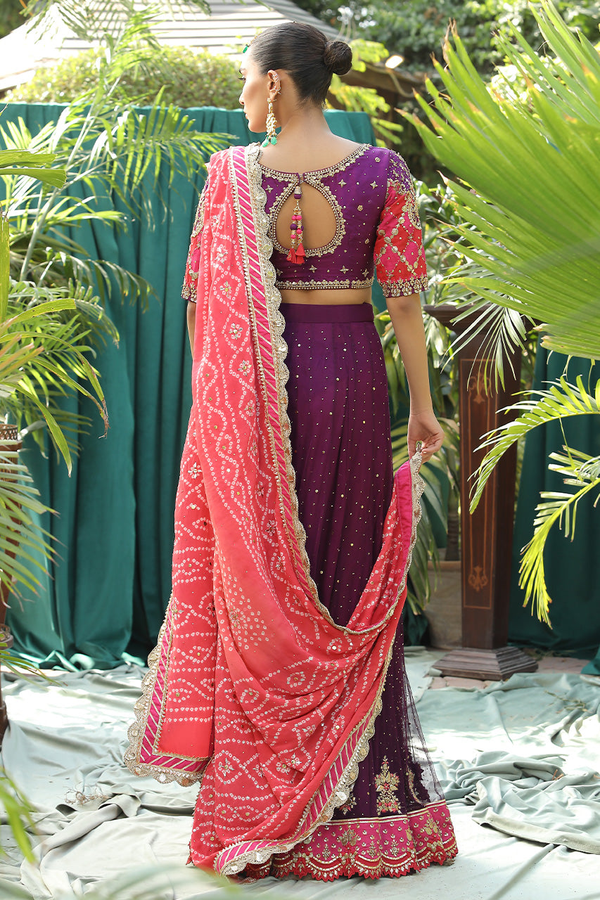 Deep Purple Qora-Dubka Raw Silk Lehenga (3-Piece) - Image 2