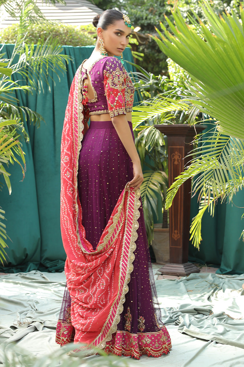 Deep Purple Qora-Dubka Raw Silk Lehenga (3-Piece) - Image 5
