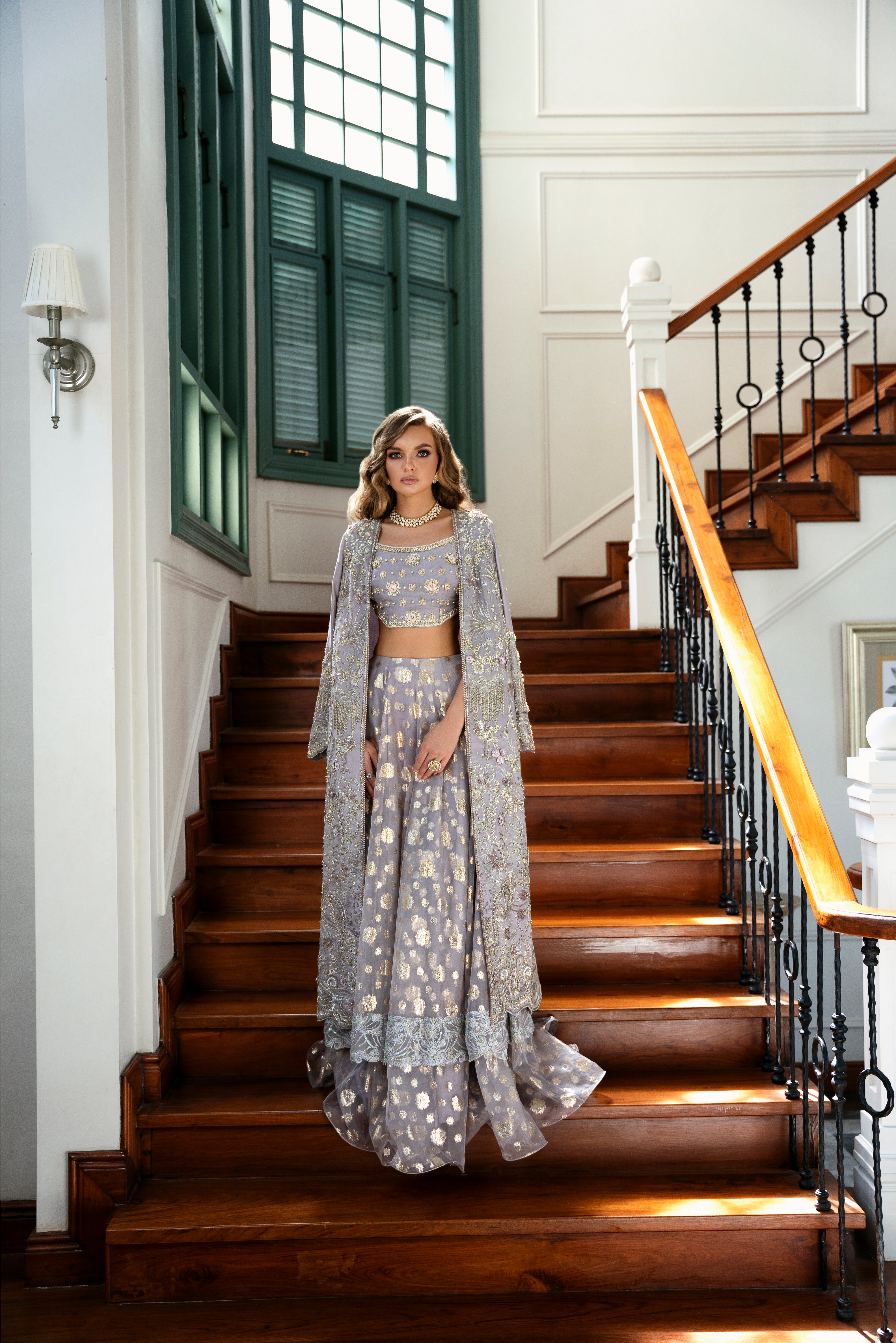 Lavender Embroidered Raw Silk & Jamawar Lehenga (3-Piece) - Image 1