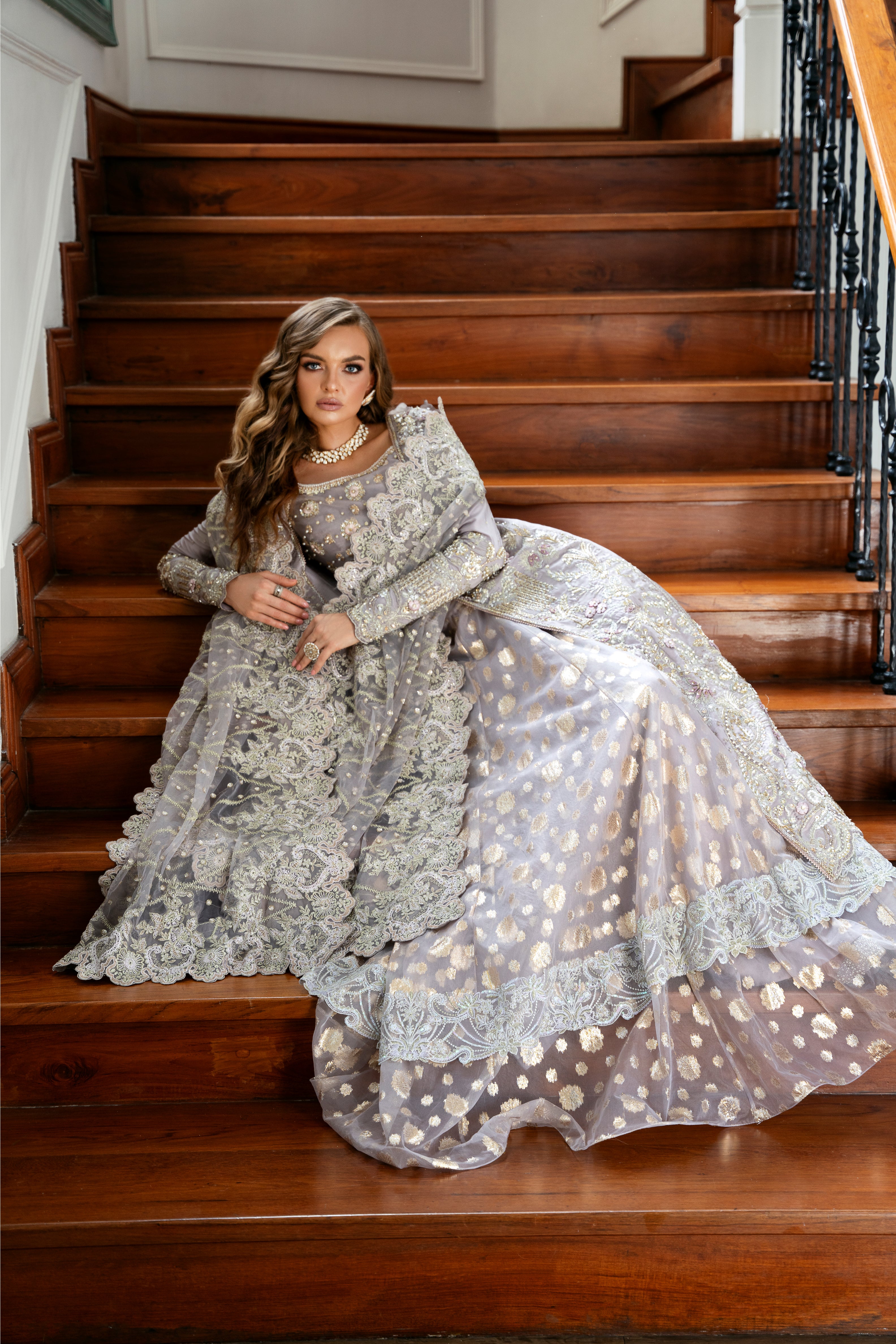 Lavender Embroidered Raw Silk & Jamawar Lehenga (3-Piece) - Image 2