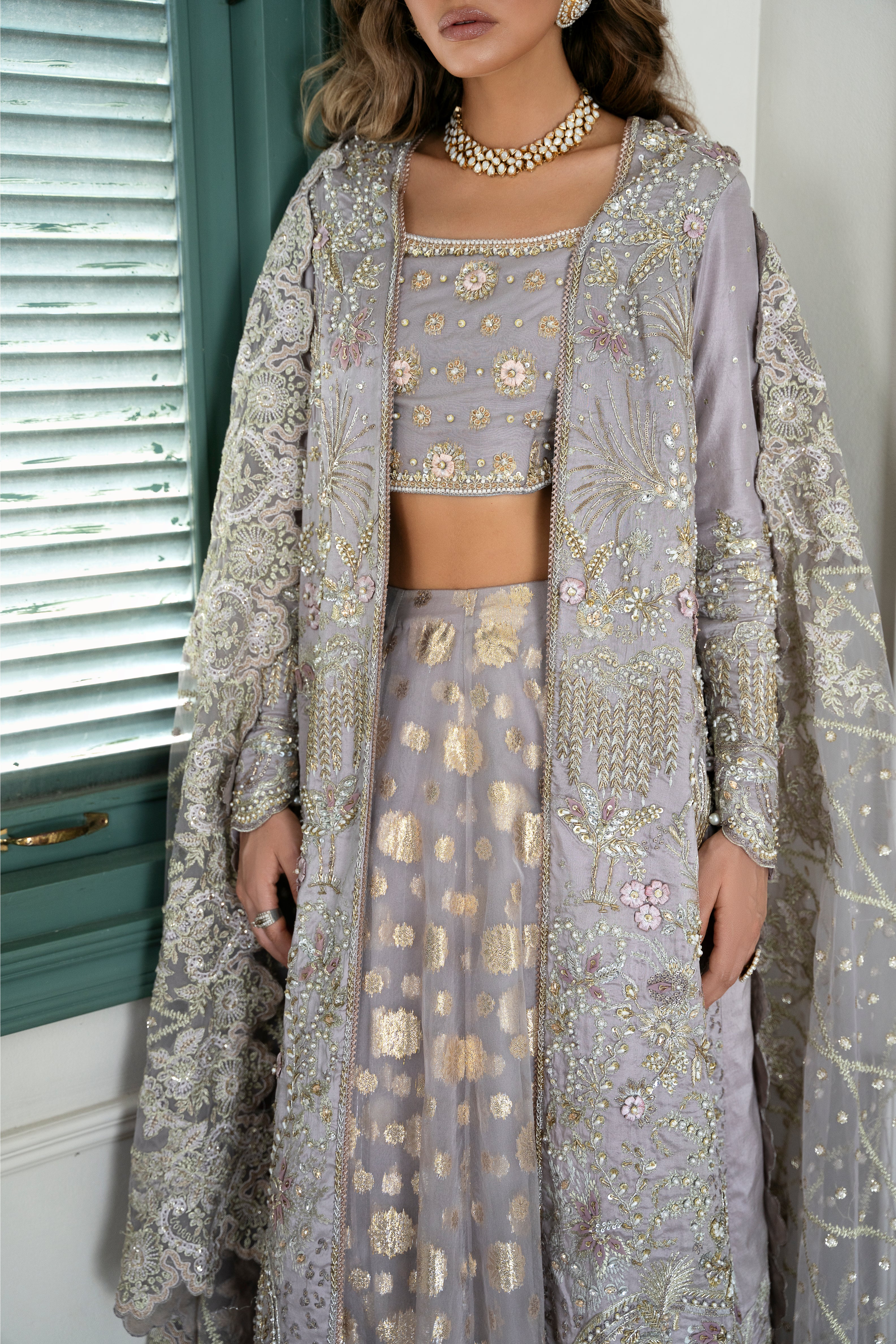 Lavender Embroidered Raw Silk & Jamawar Lehenga (3-Piece) - Image 7