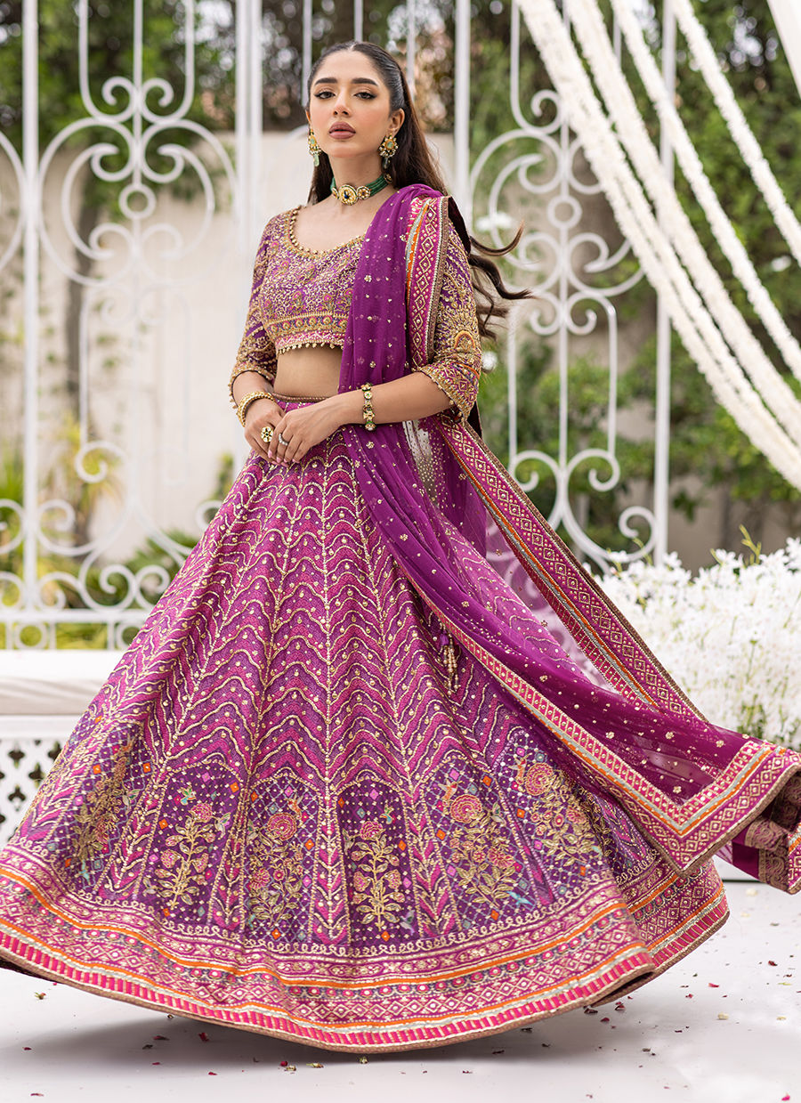 Pakistani Purple Hand-Embellished Raw Silk Lehnga Choli (3-Piece) - Image 1